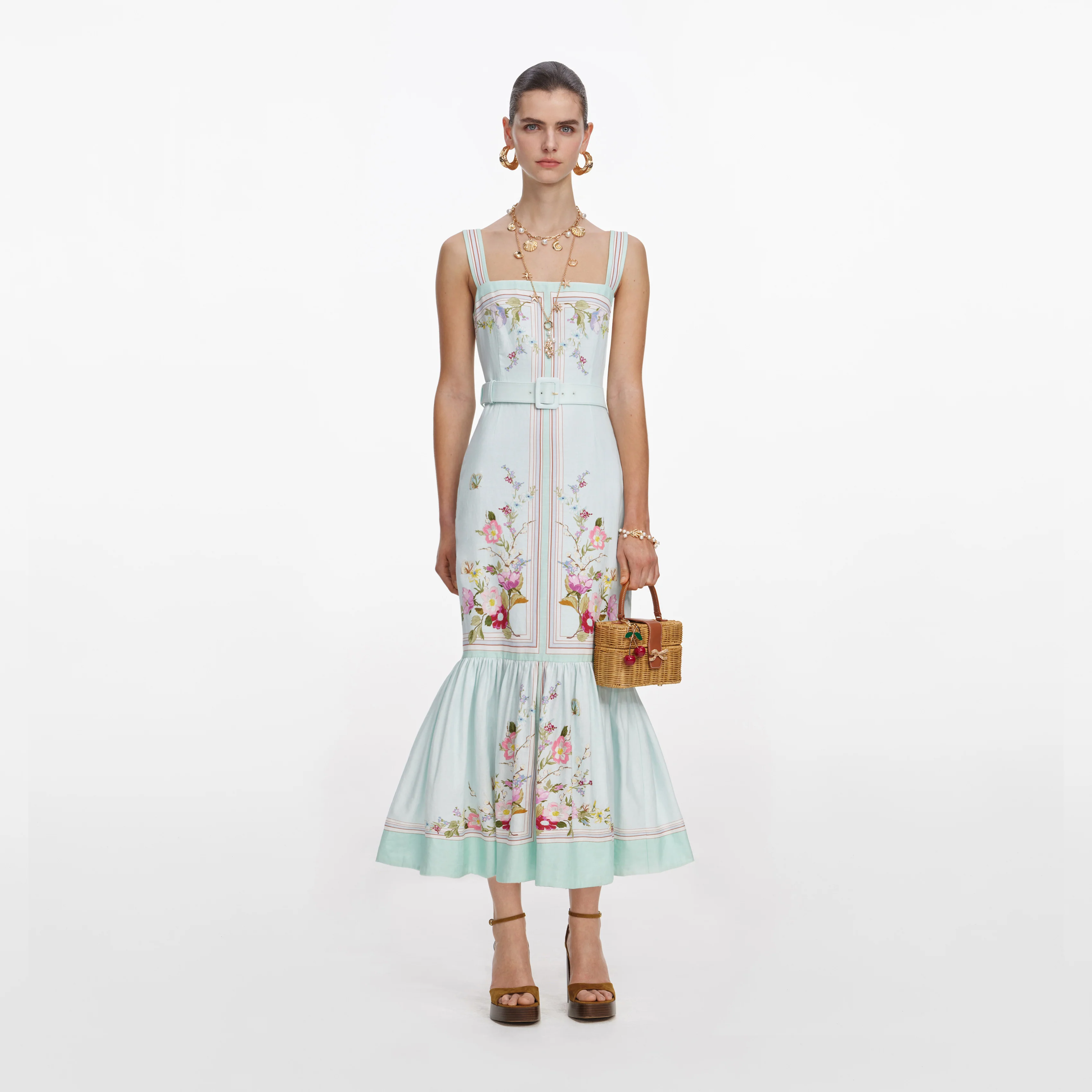 Mint Floral Linen Midi Dress