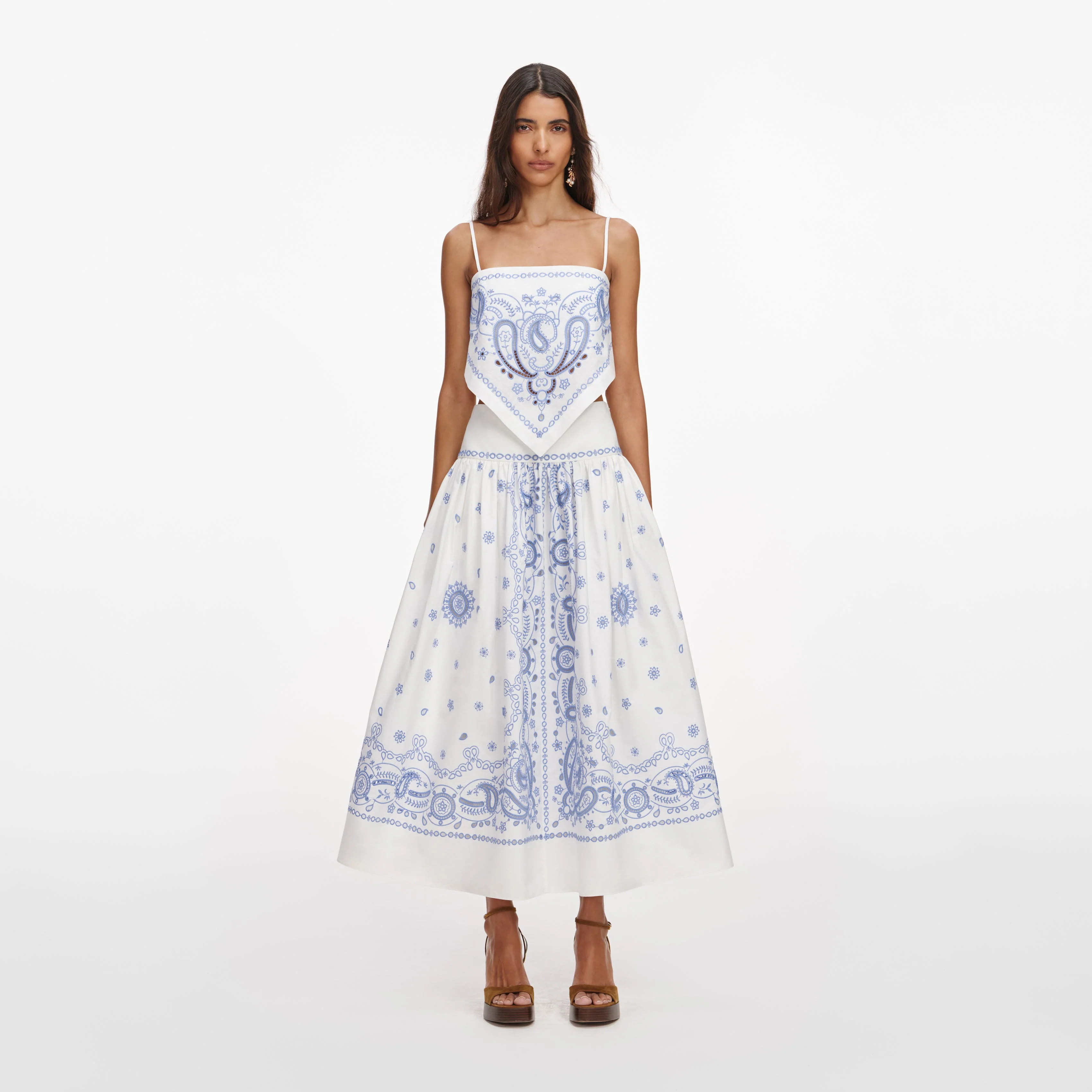 White And Blue Embroidered Midi Skirt