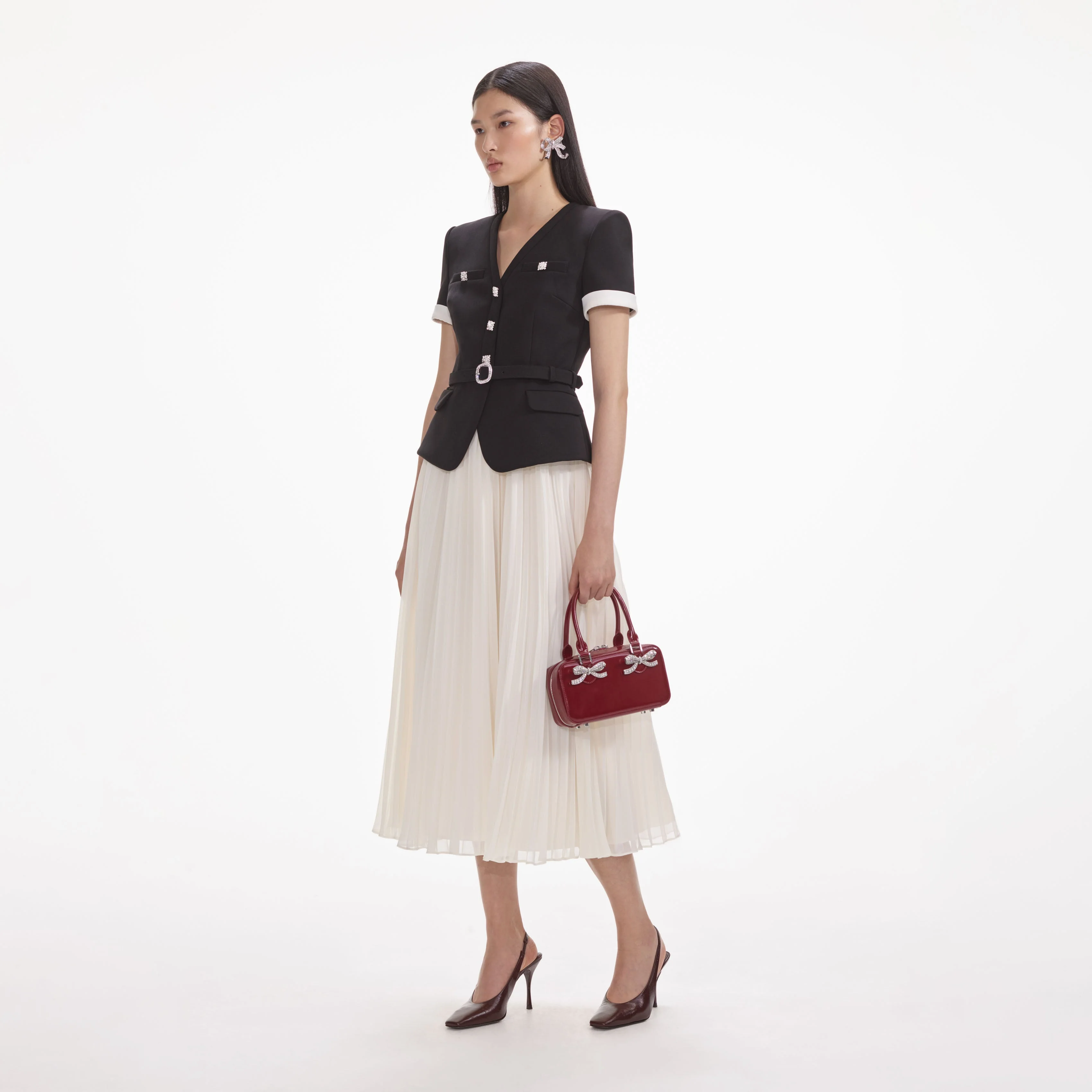 Black Crepe Contrast Chiffon Midi Dress - Image 2