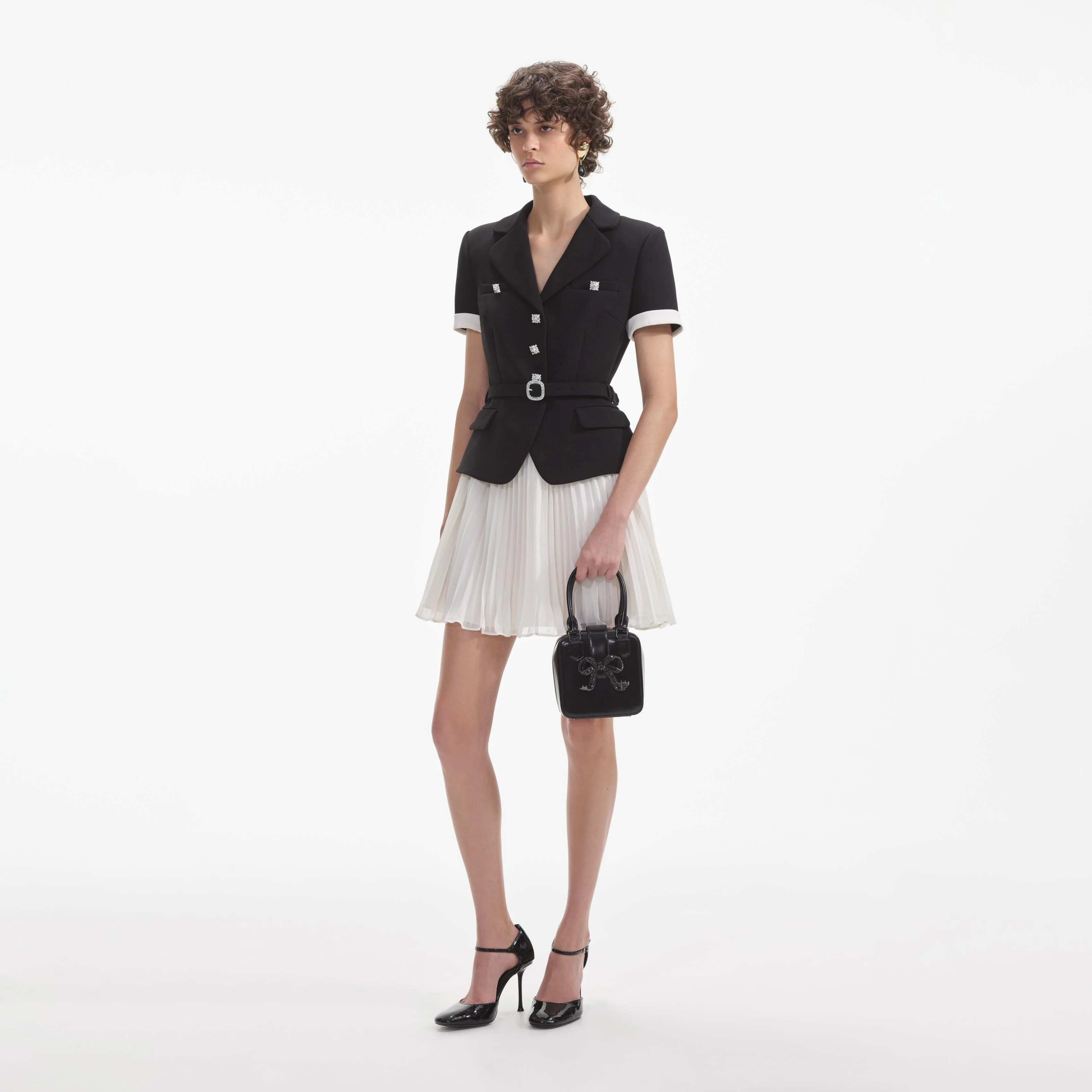 Black Crepe Contrast Chiffon Mini Dress - Image 2