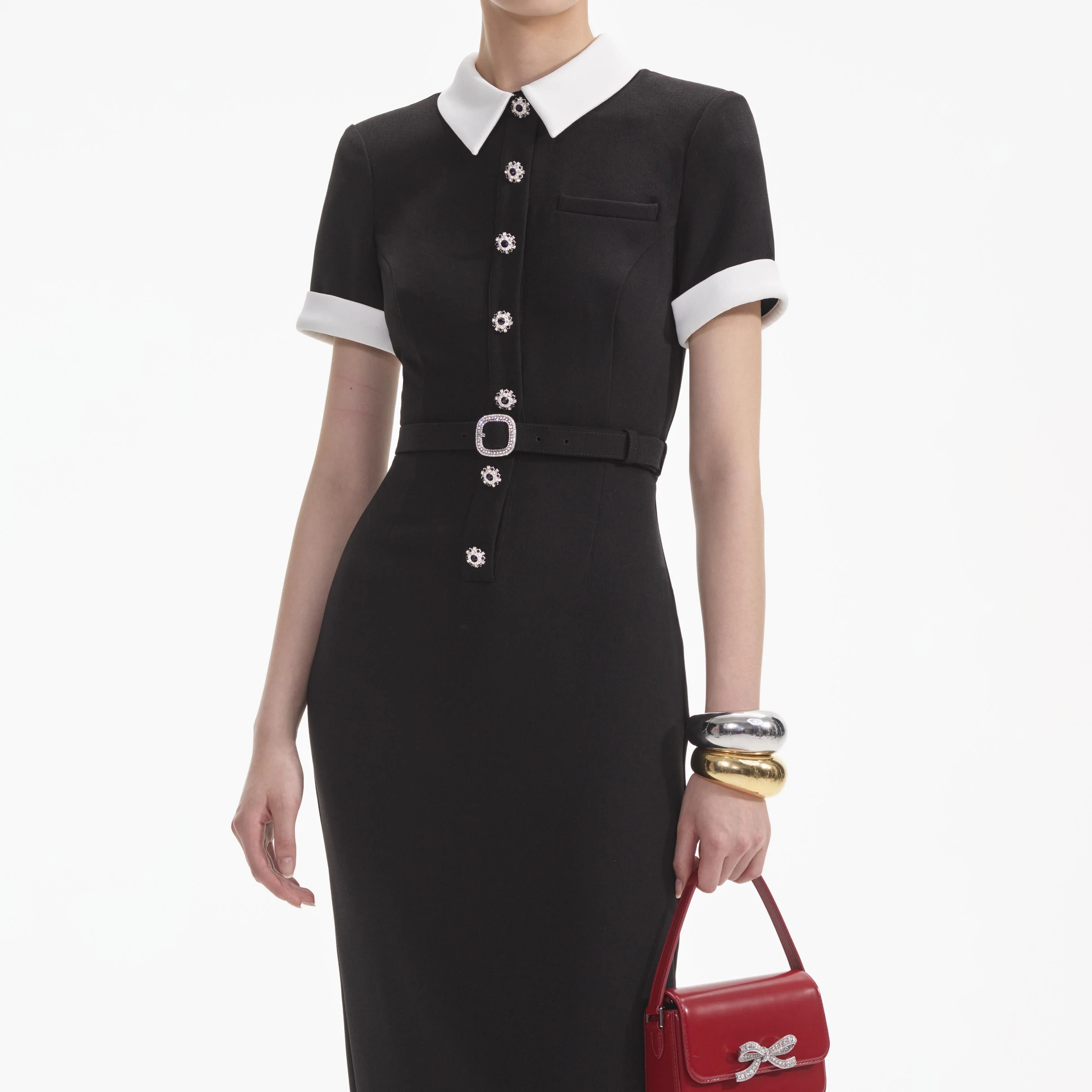 Black Crepe Contrast Midi Dress - Image 4