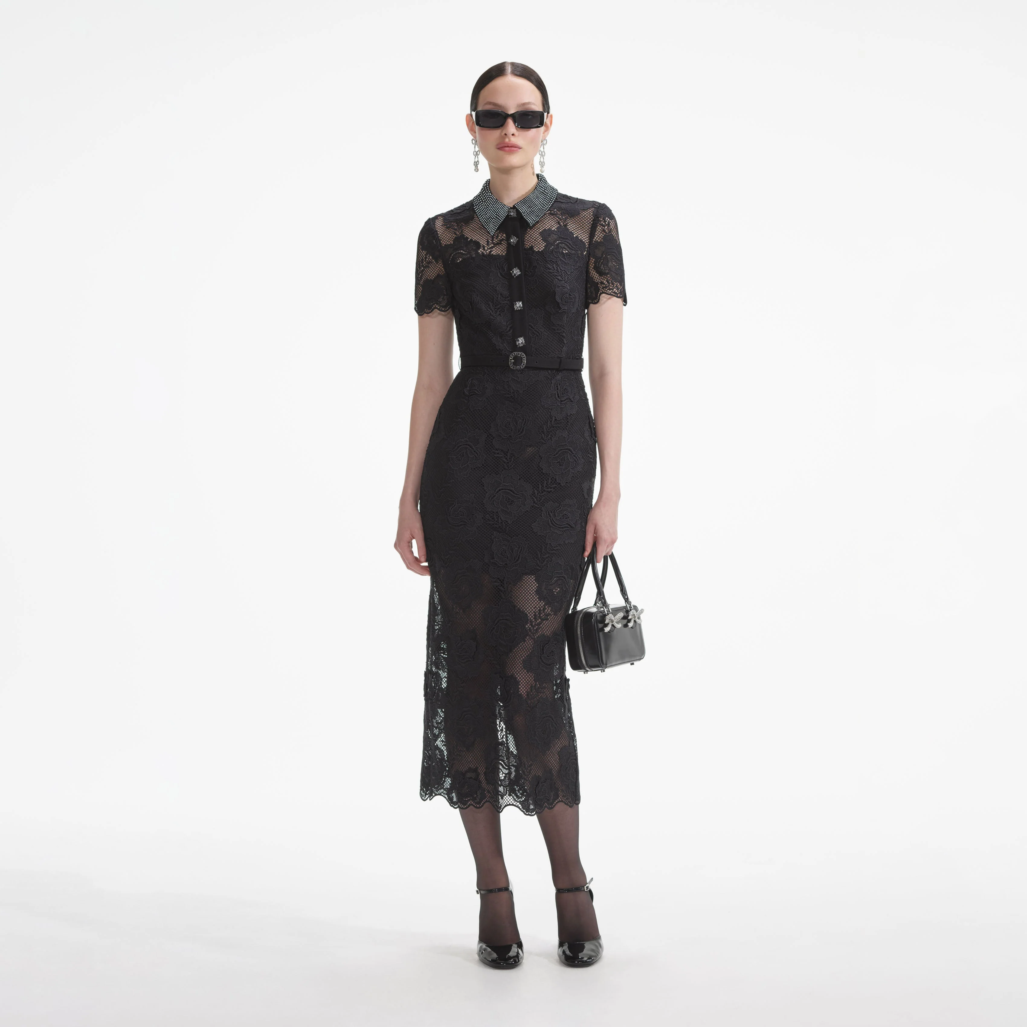 Black Lace Diamante Midi Dress