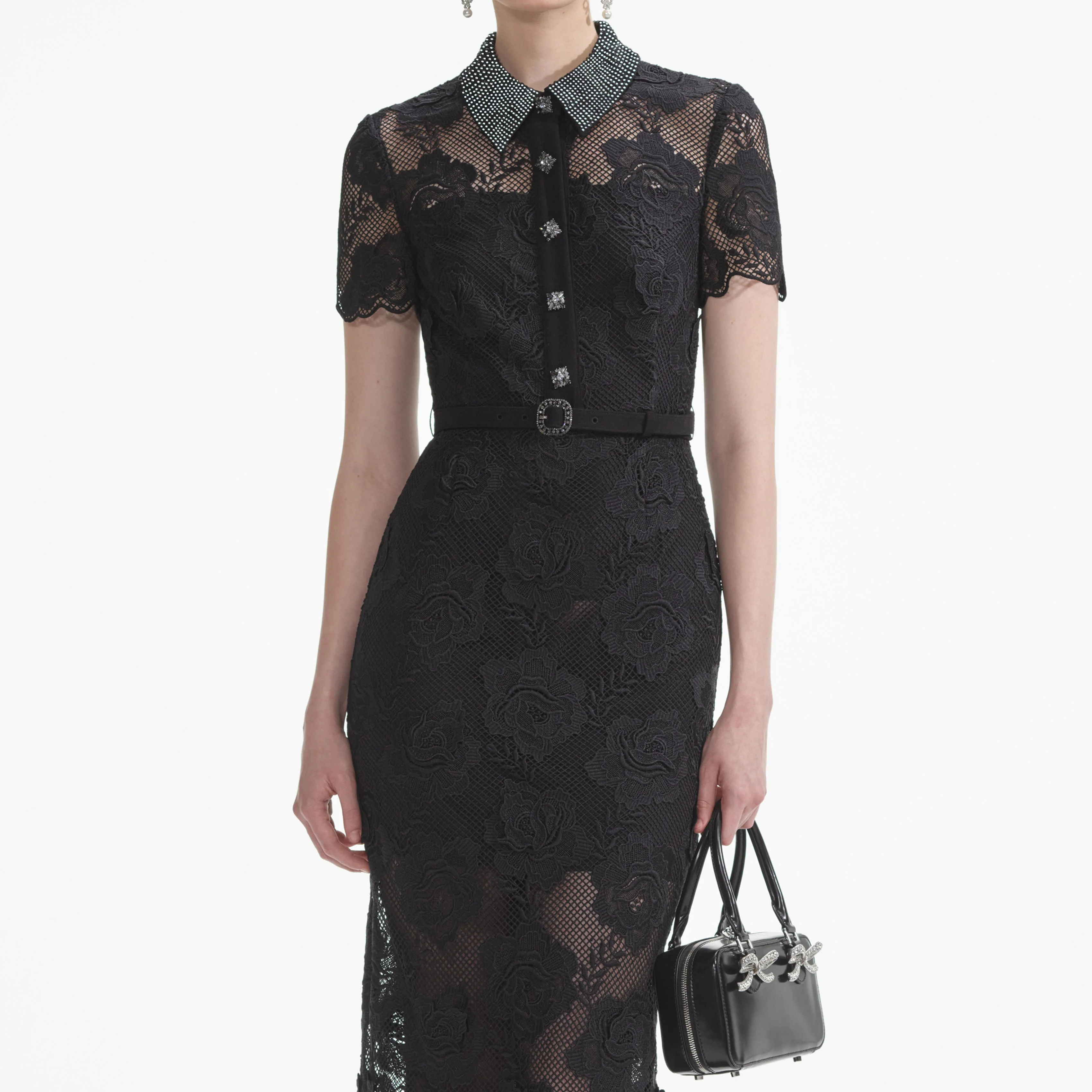 Black Lace Diamante Midi Dress - Image 4