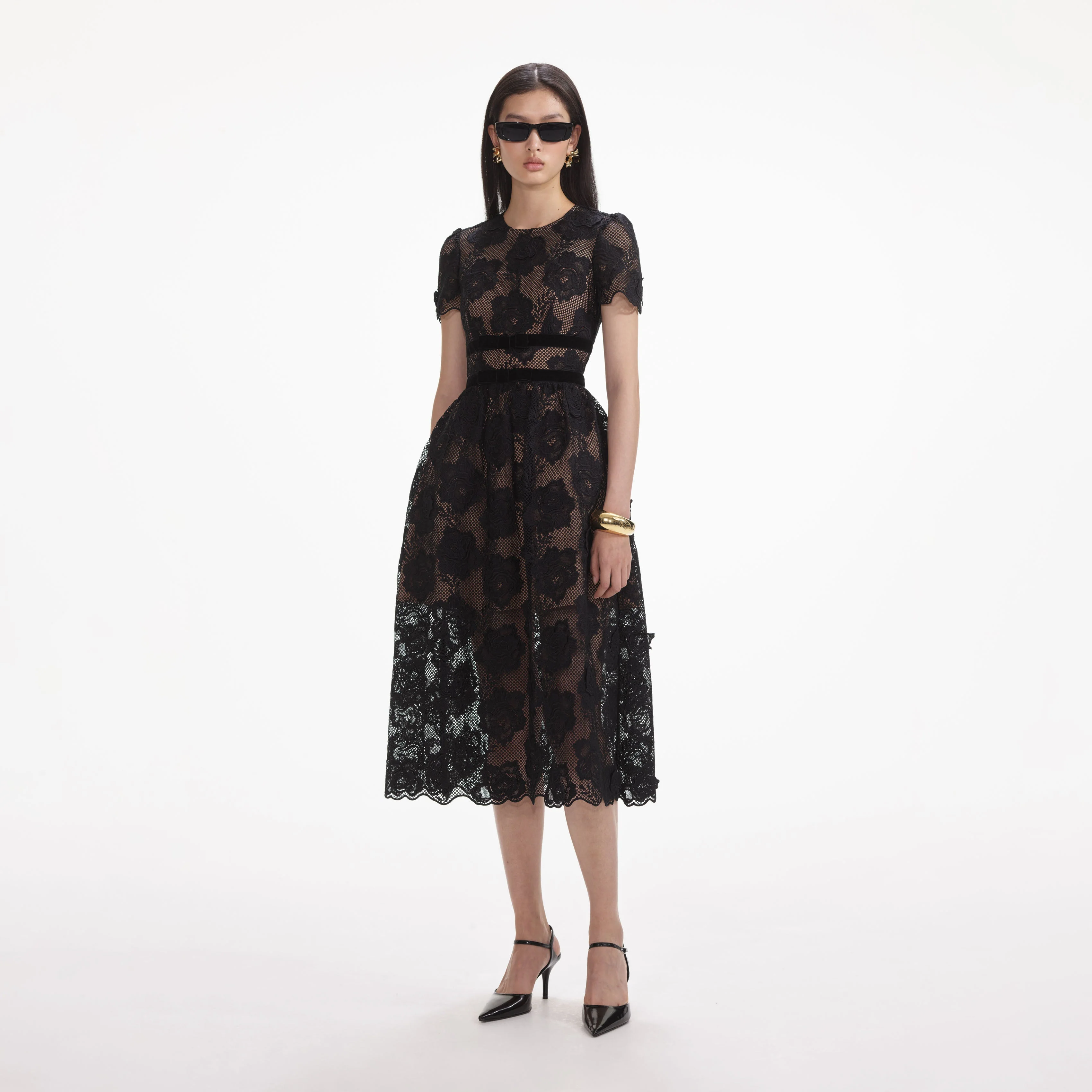 Black Lace Velvet Bow Midi Dress - Image 3