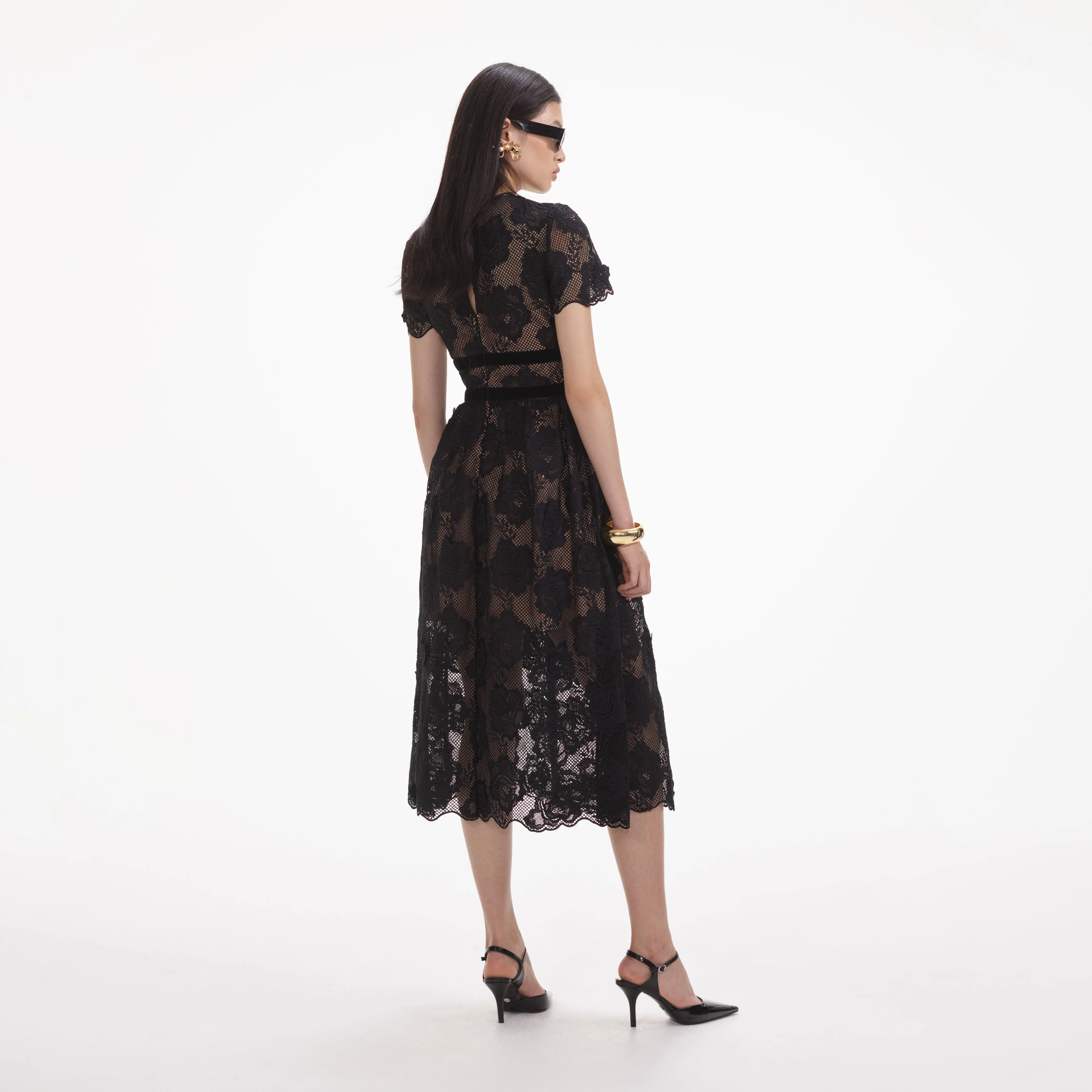Black Lace Velvet Bow Midi Dress - Image 4