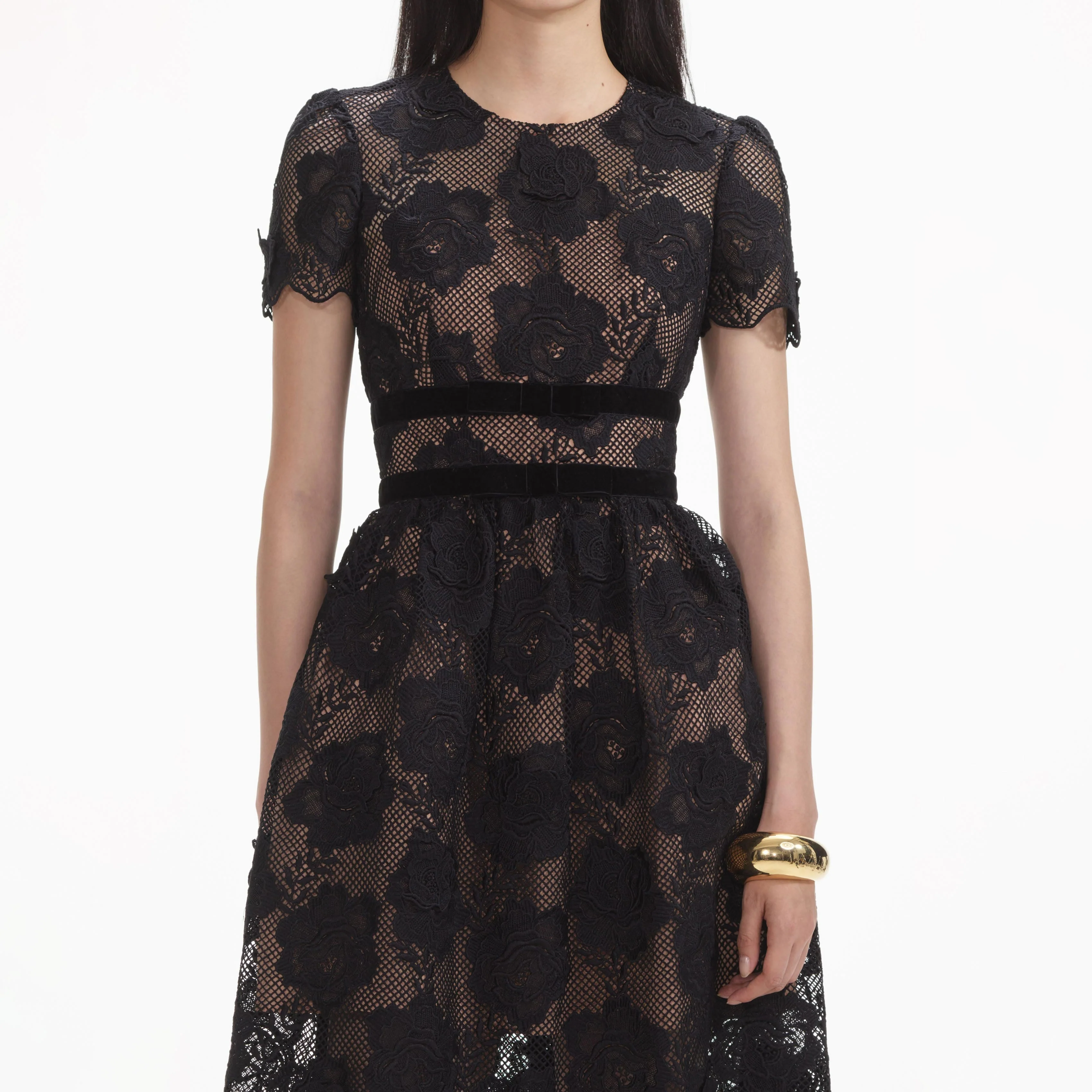 Black Lace Velvet Bow Midi Dress - Image 5