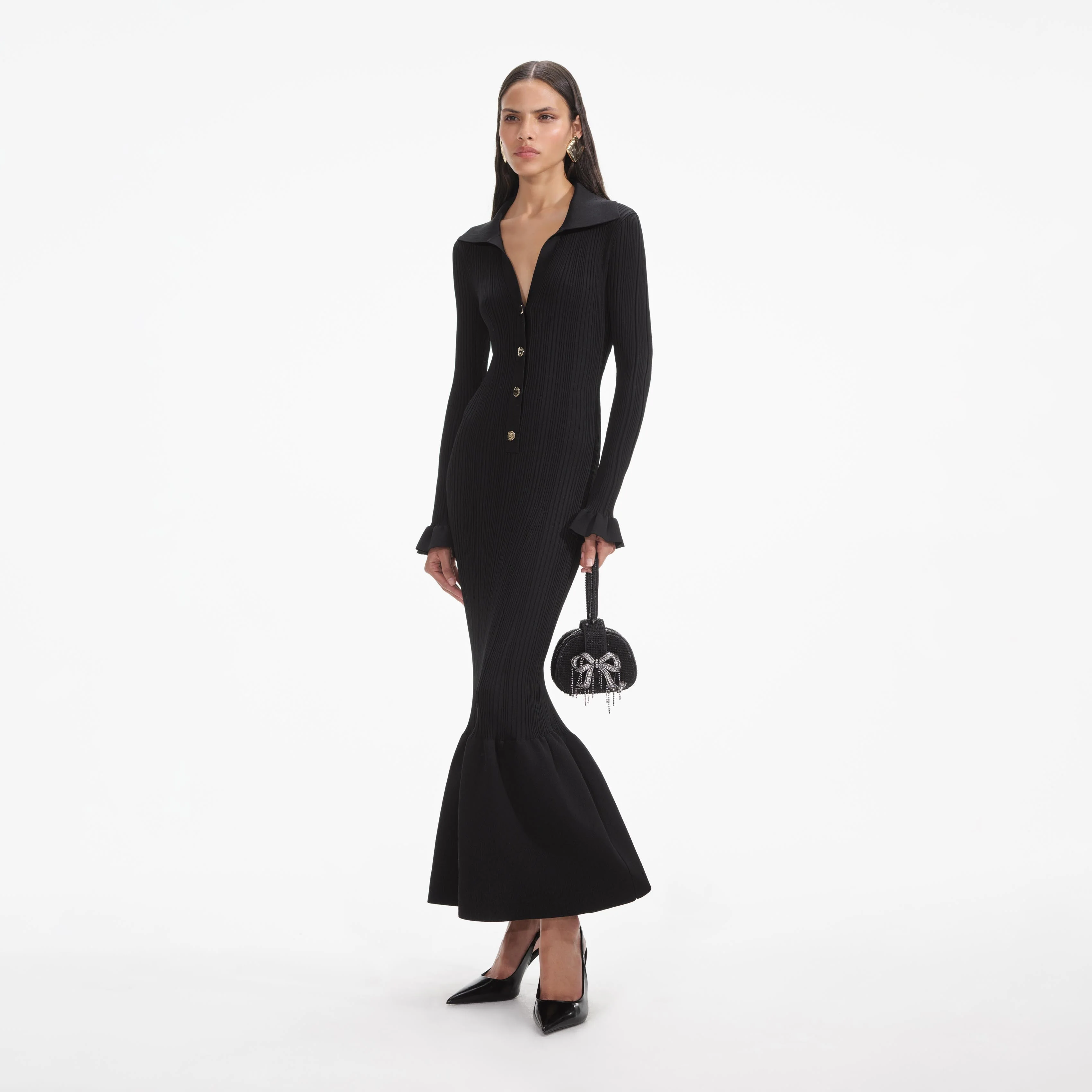Black Ribbed Knit Fluted Midi Dress - Image 2