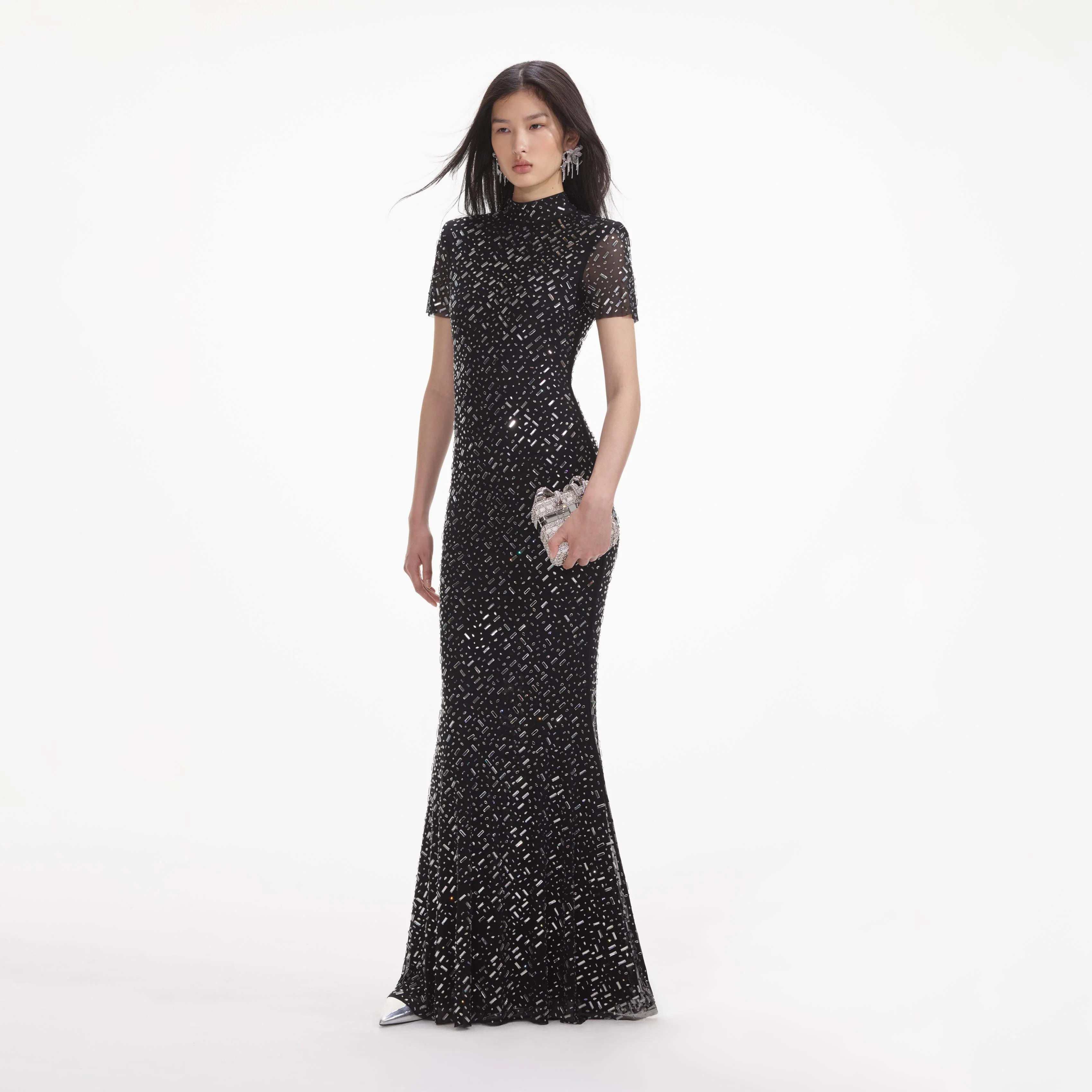Black Square Rhinestone Mesh Maxi Dress - Image 2