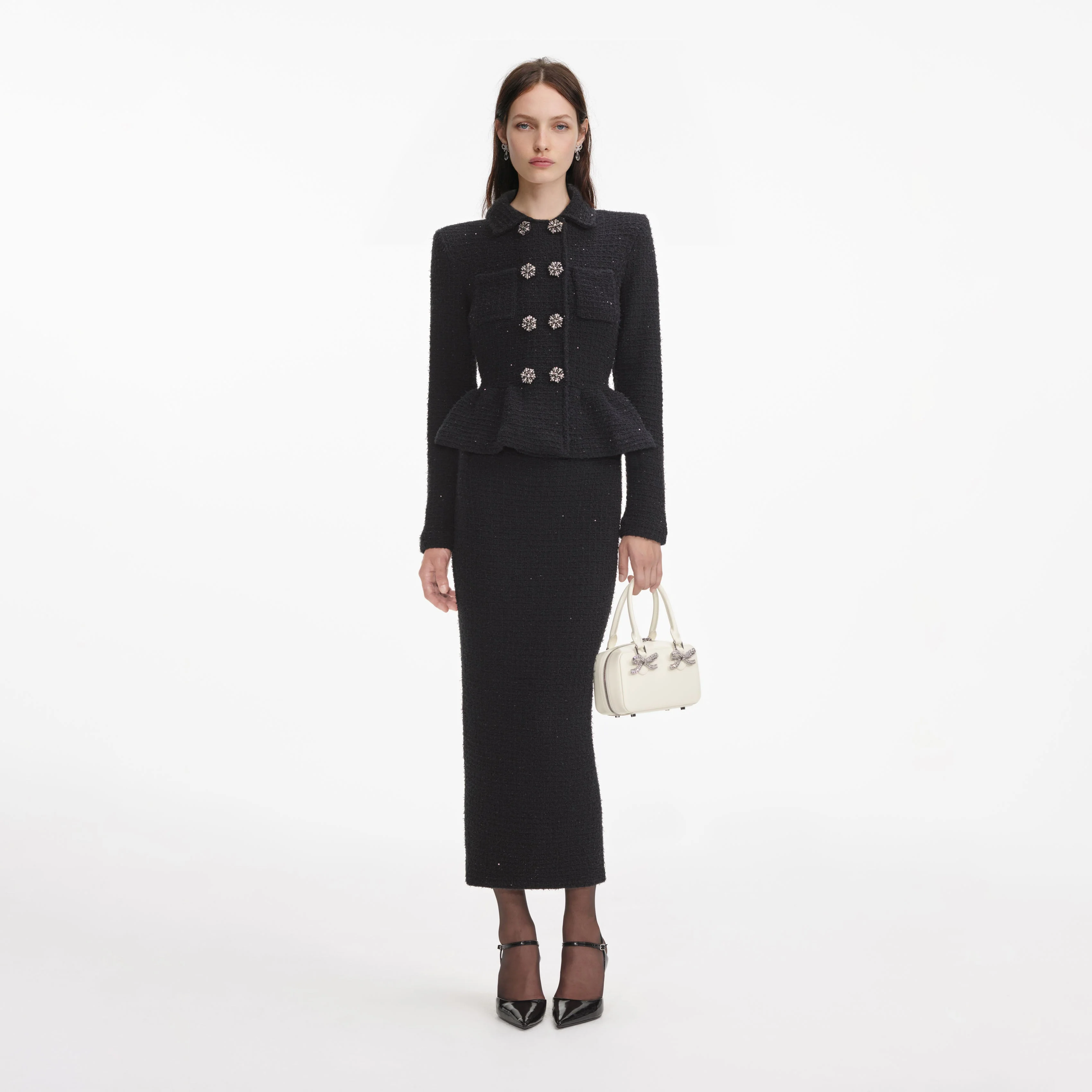 Black Textured Knit Peplum Midi Dress