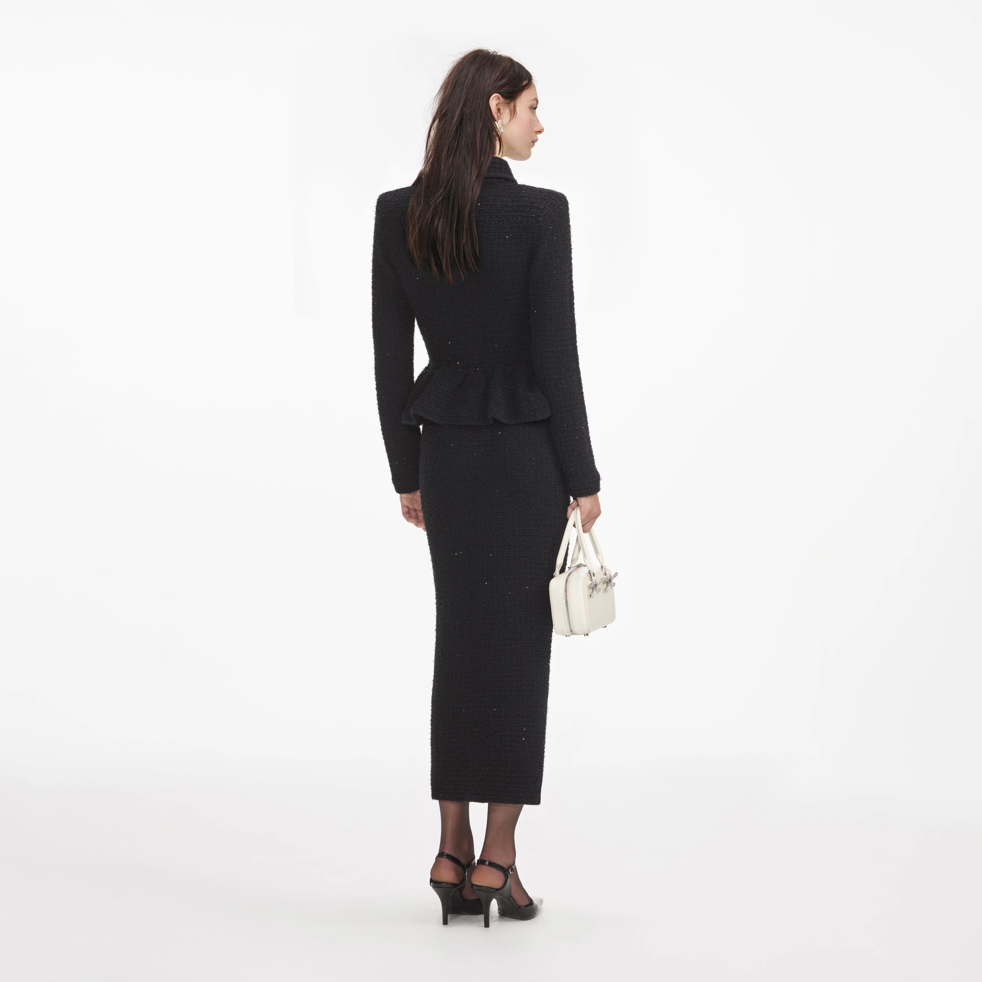 Black Textured Knit Peplum Midi Dress - Image 3