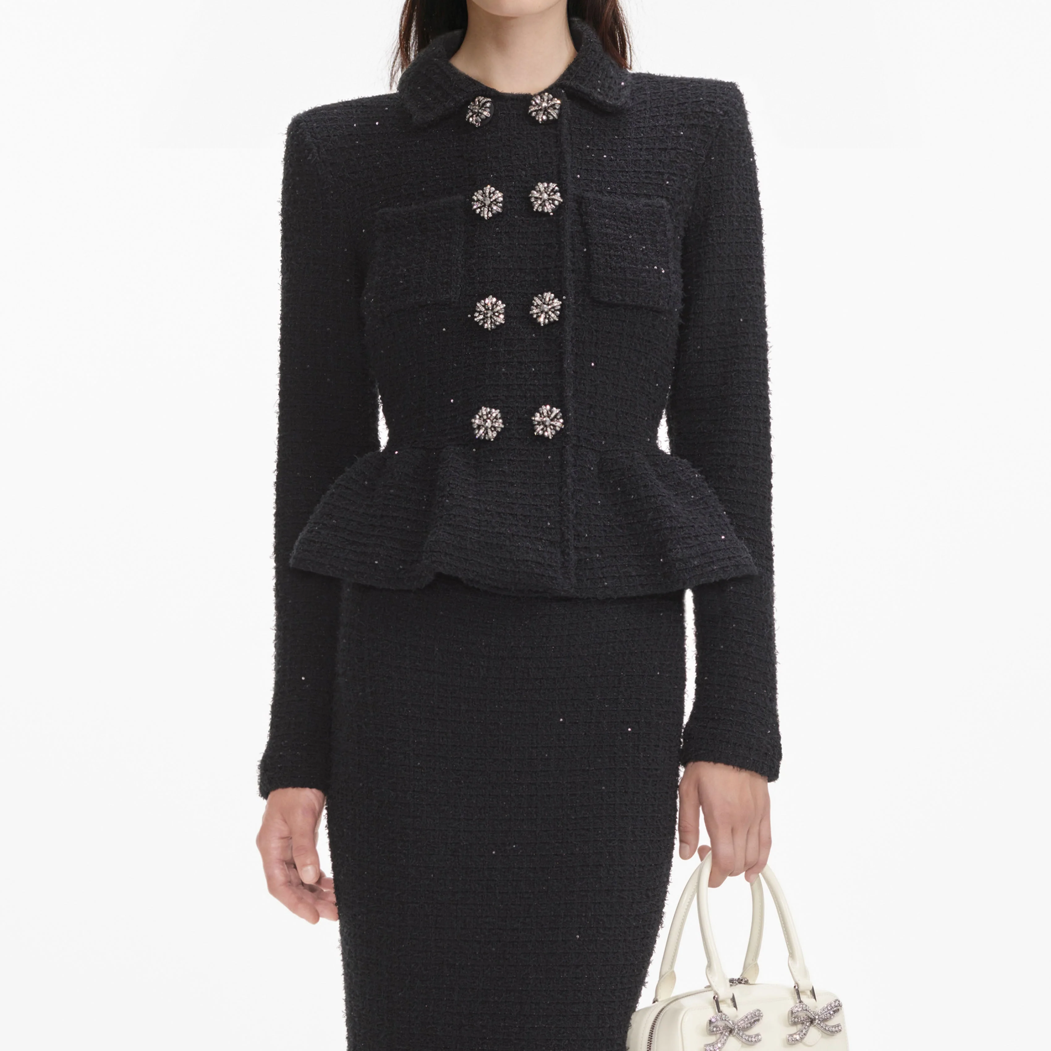 Black Textured Knit Peplum Midi Dress - Image 4