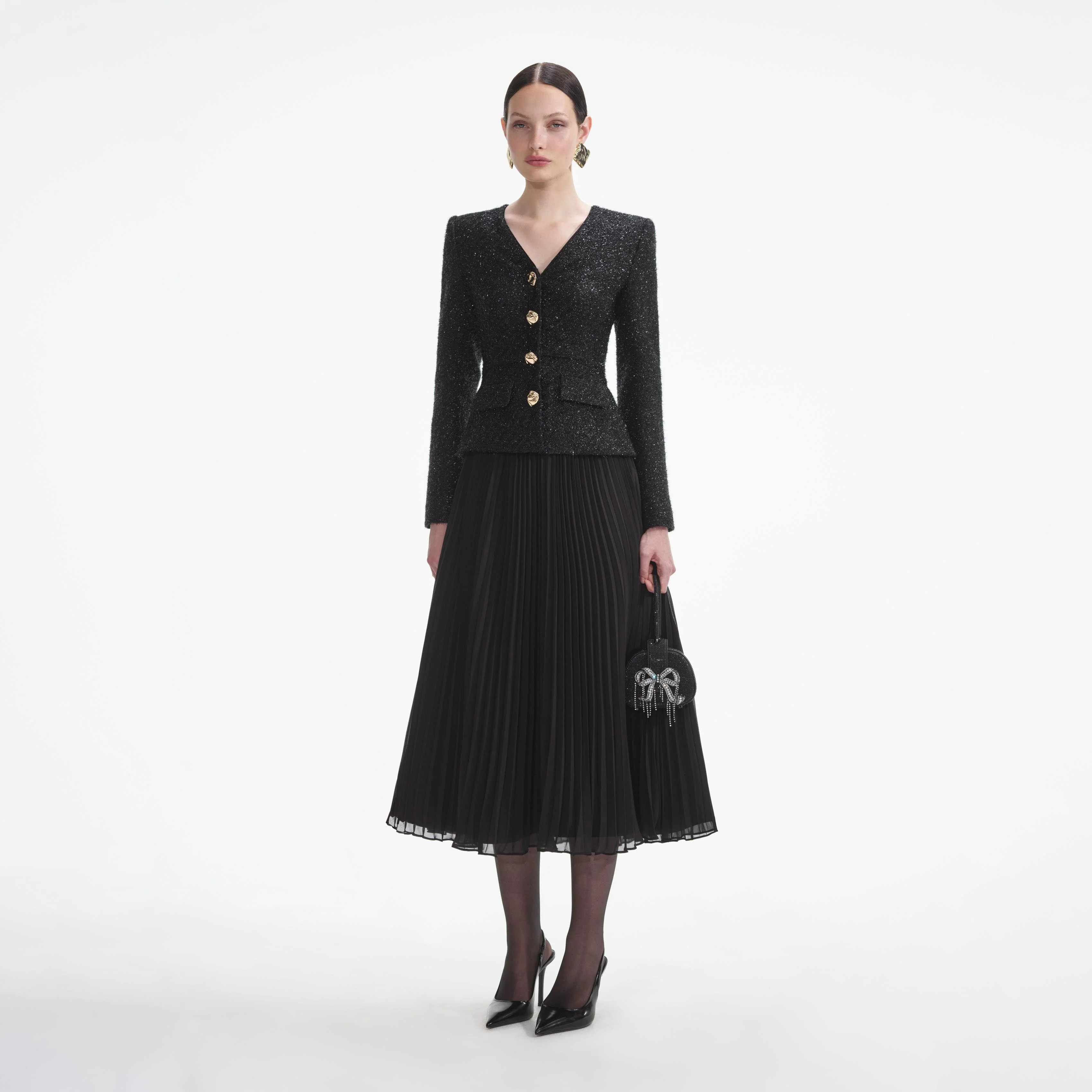 Black Tinsel Boucle Chiffon Midi Dress - Image 2