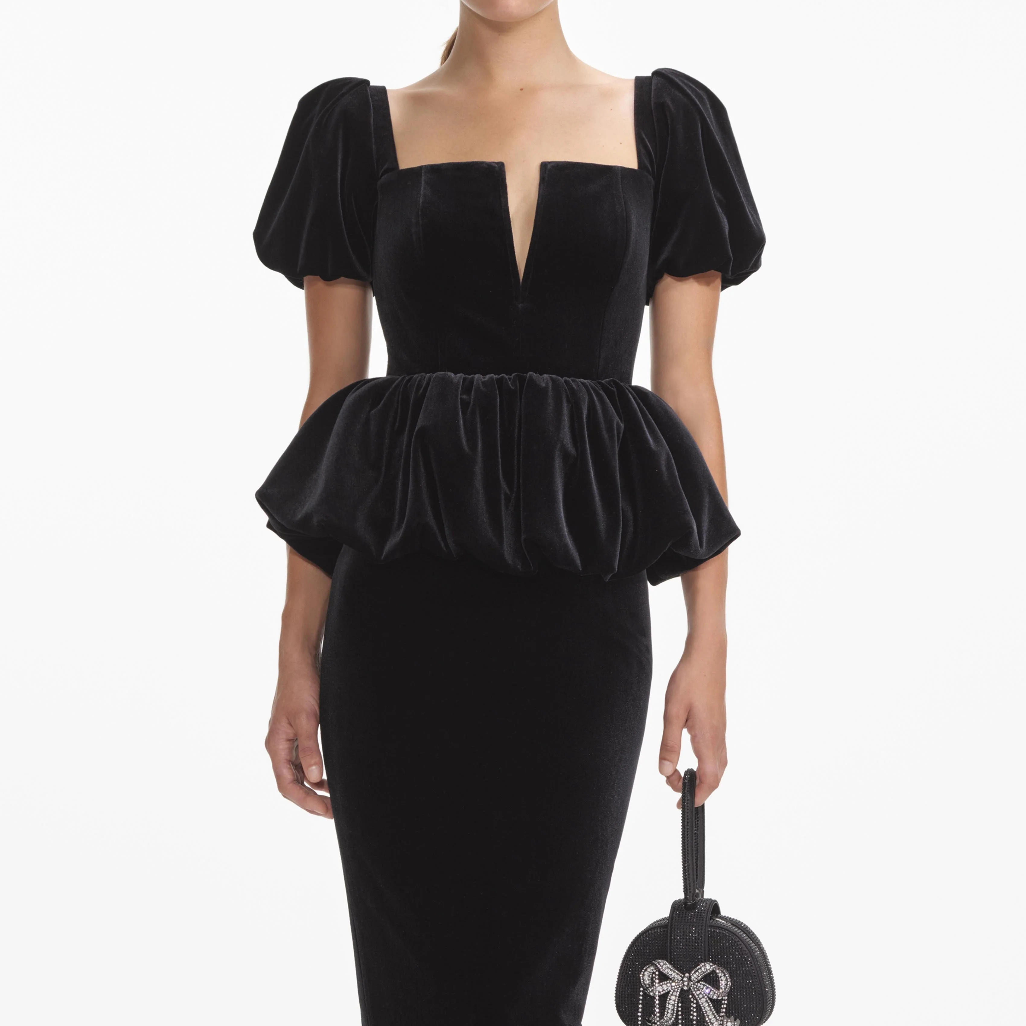 Black Velvet Peplum Midi Dress - Image 4