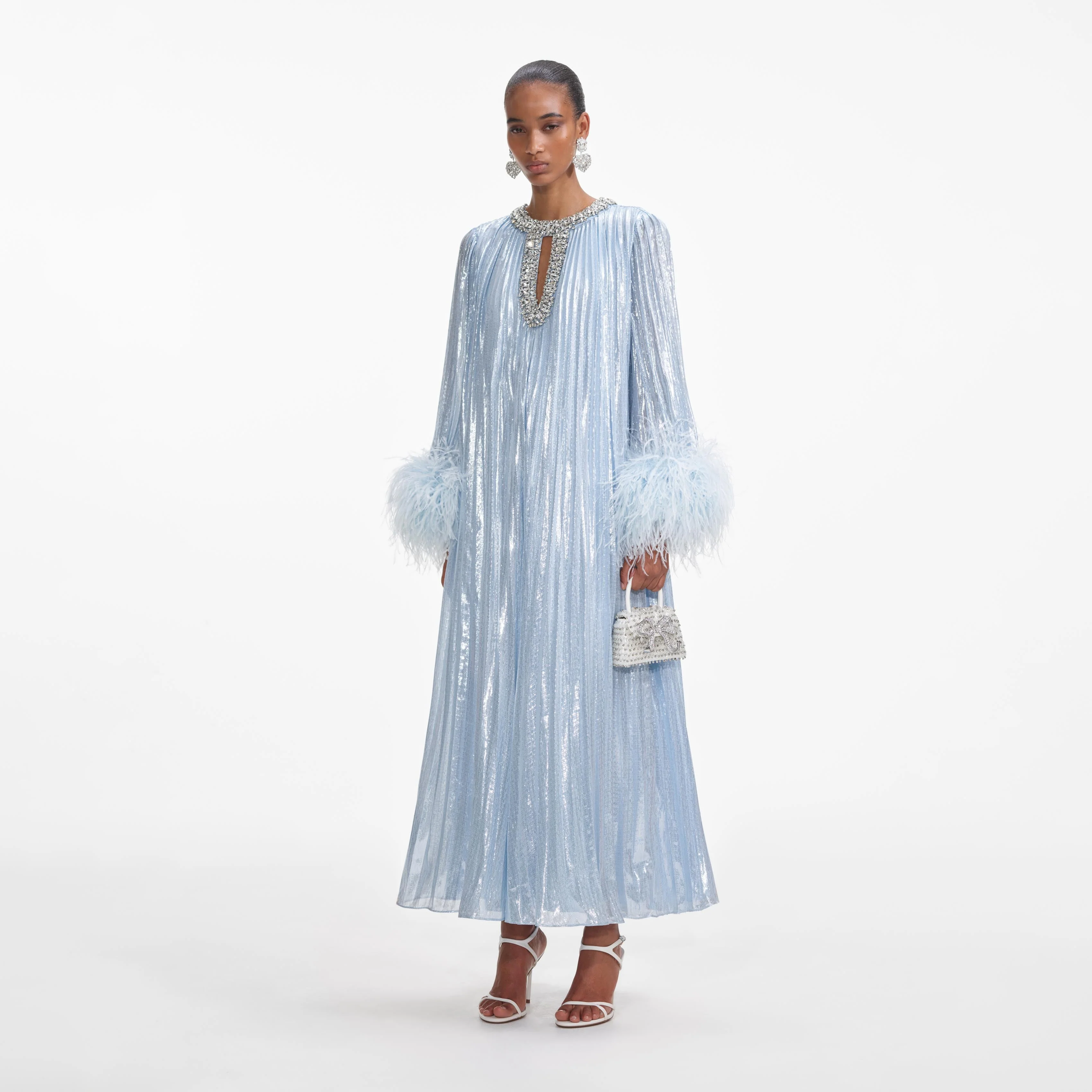 Blue Metallic Chiffon Feather Midi Dress - Image 2