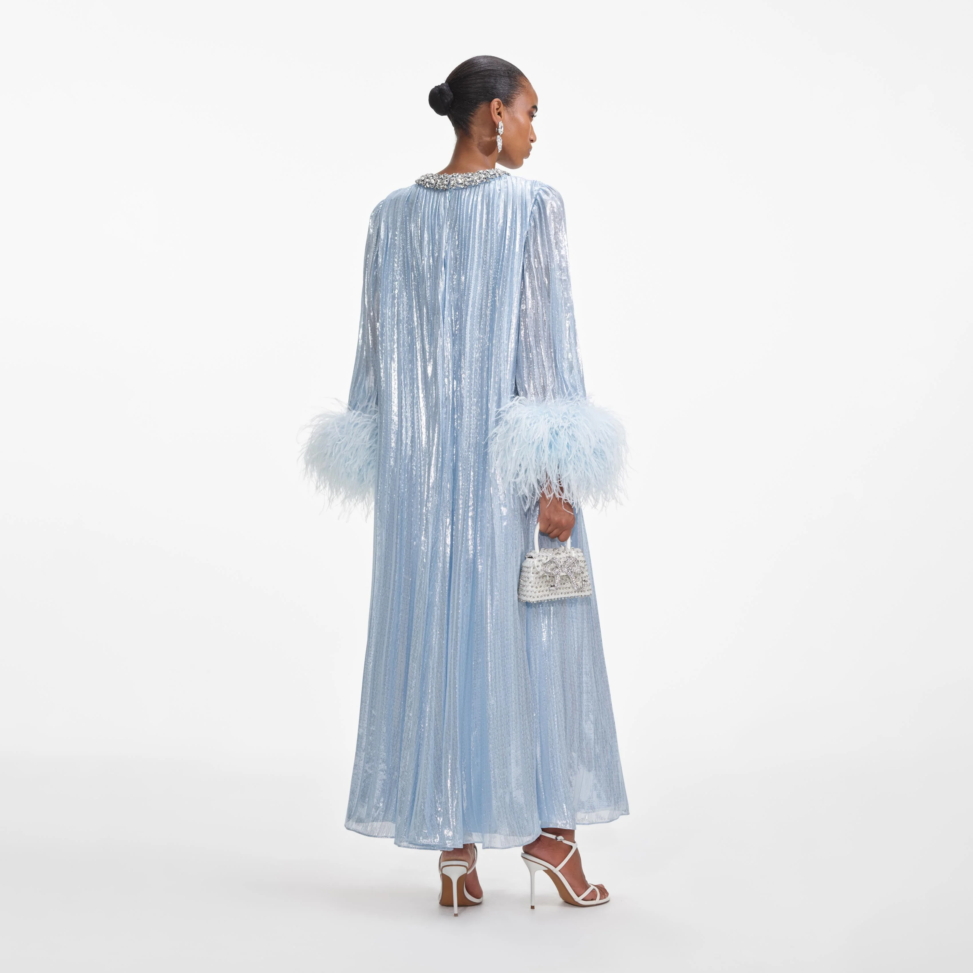Blue Metallic Chiffon Feather Midi Dress - Image 3