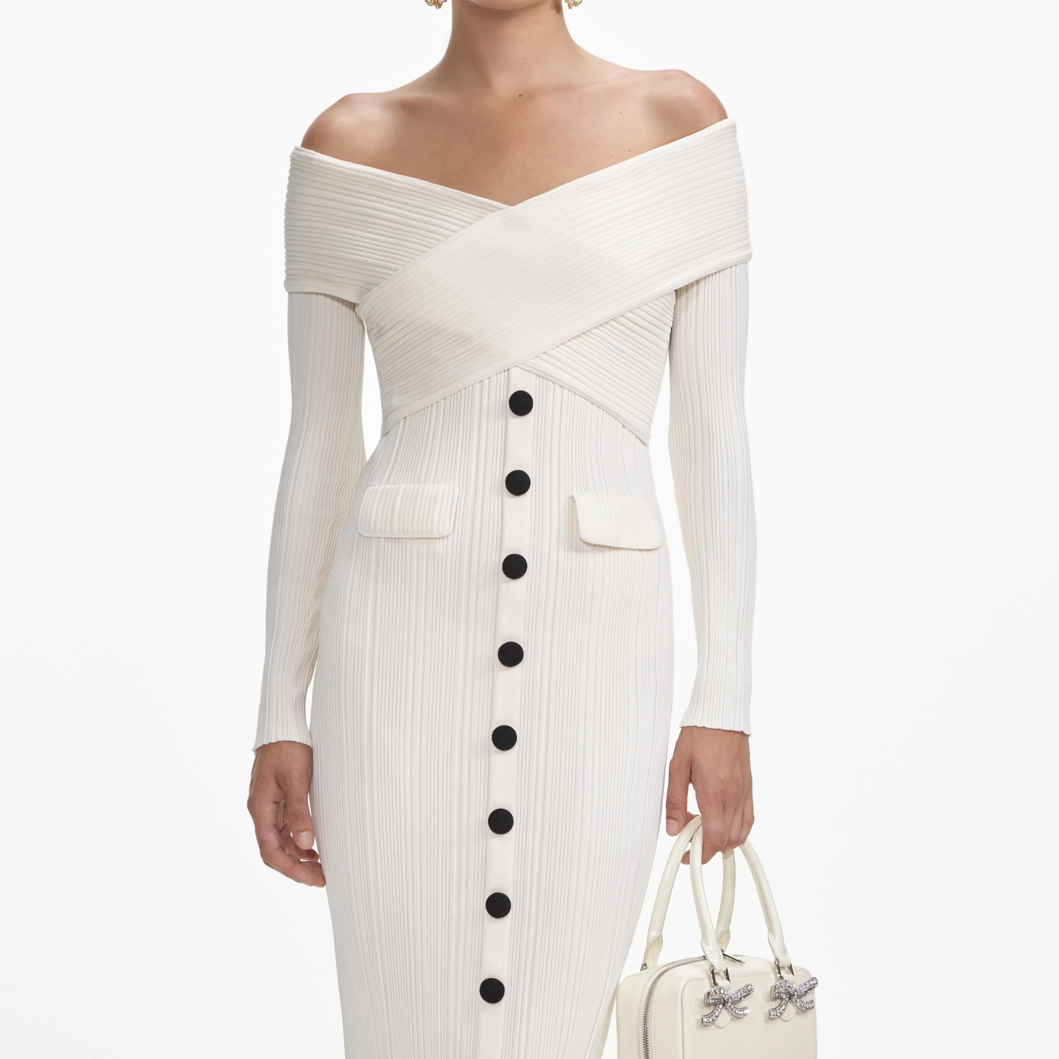 Cream Off Shoulder Knit Midi Dress - Image 4