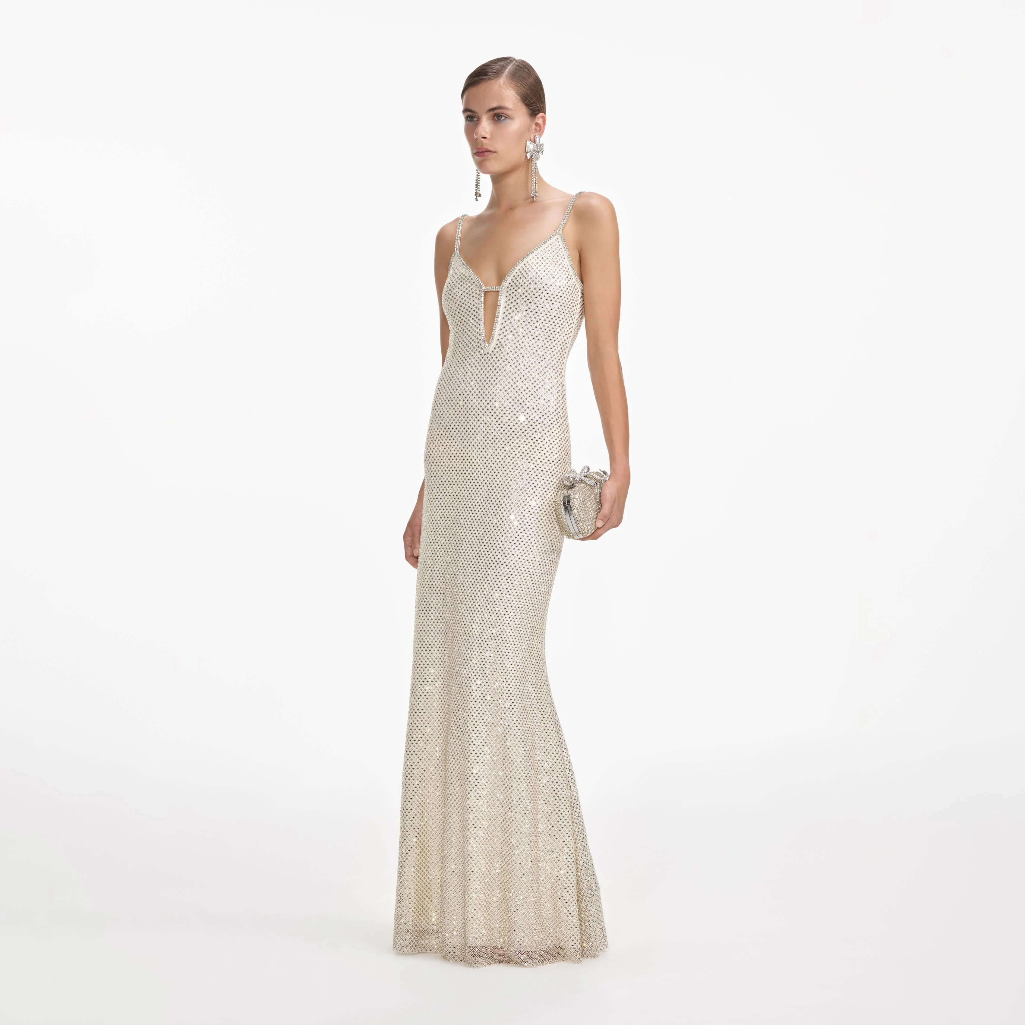 Cream Square Rhinestone Fishnet Maxi Dress - Image 2