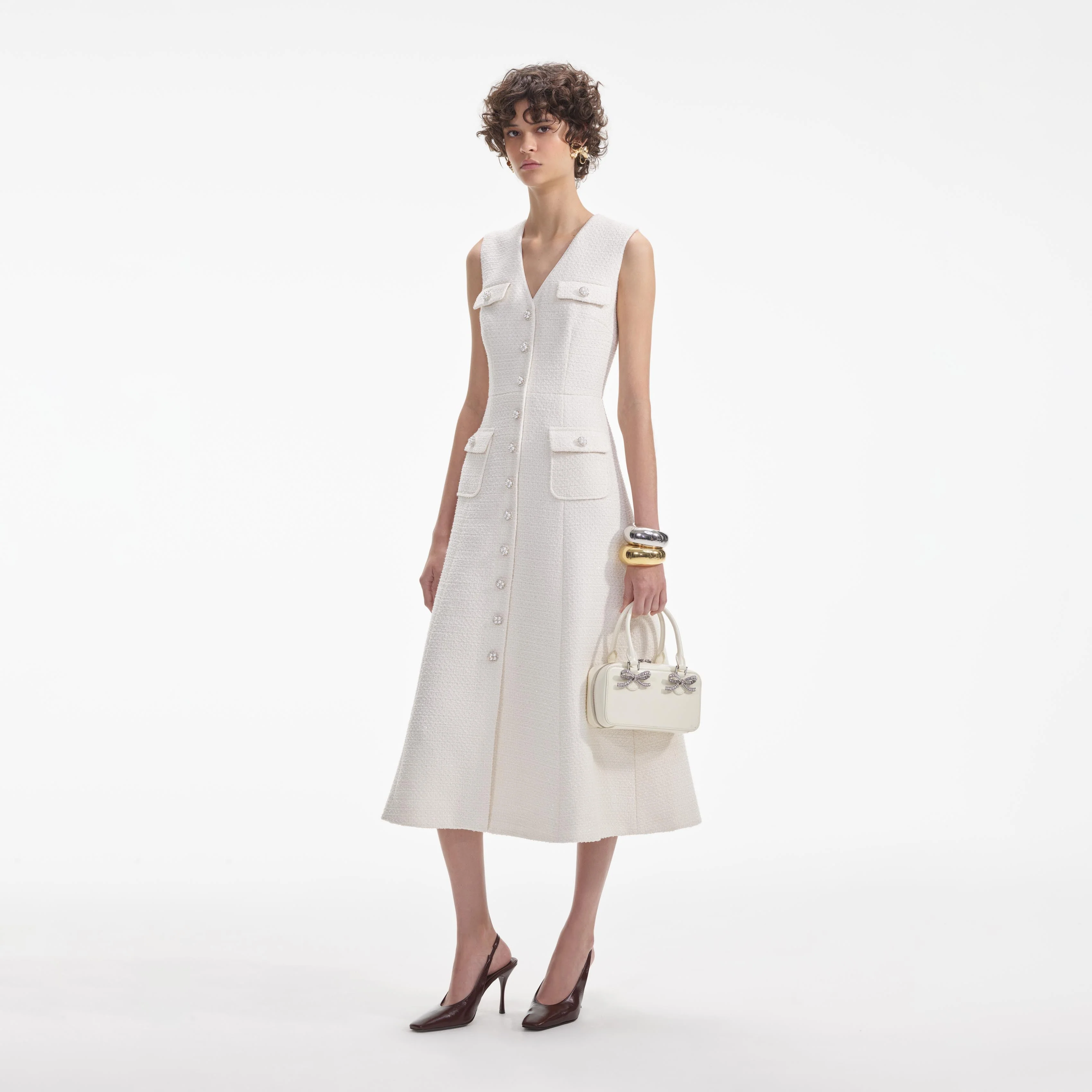 Cream Tinsel Boucle Buttoned Midi Dress - Image 2