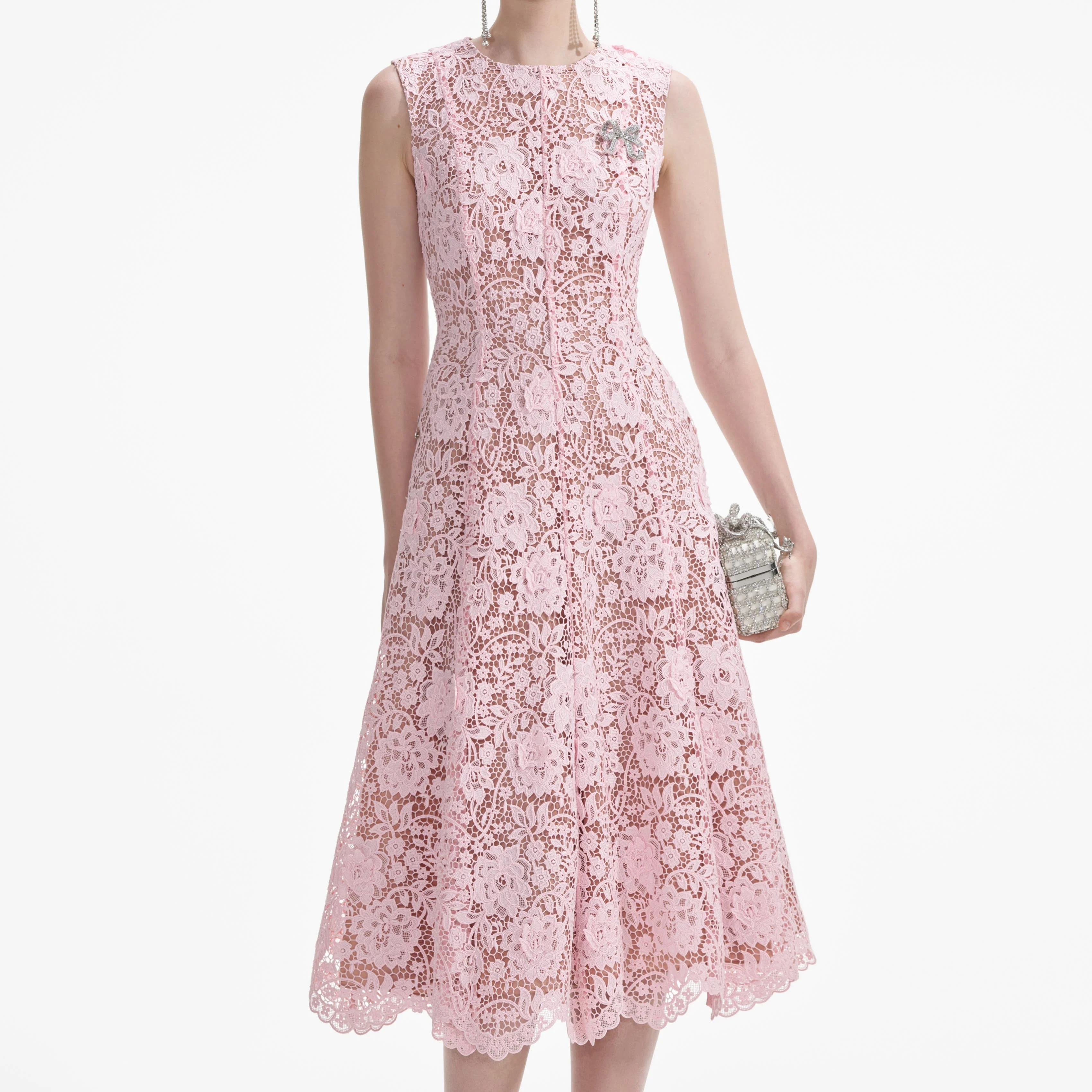Pink Flower Lace Midi Dress - Image 4