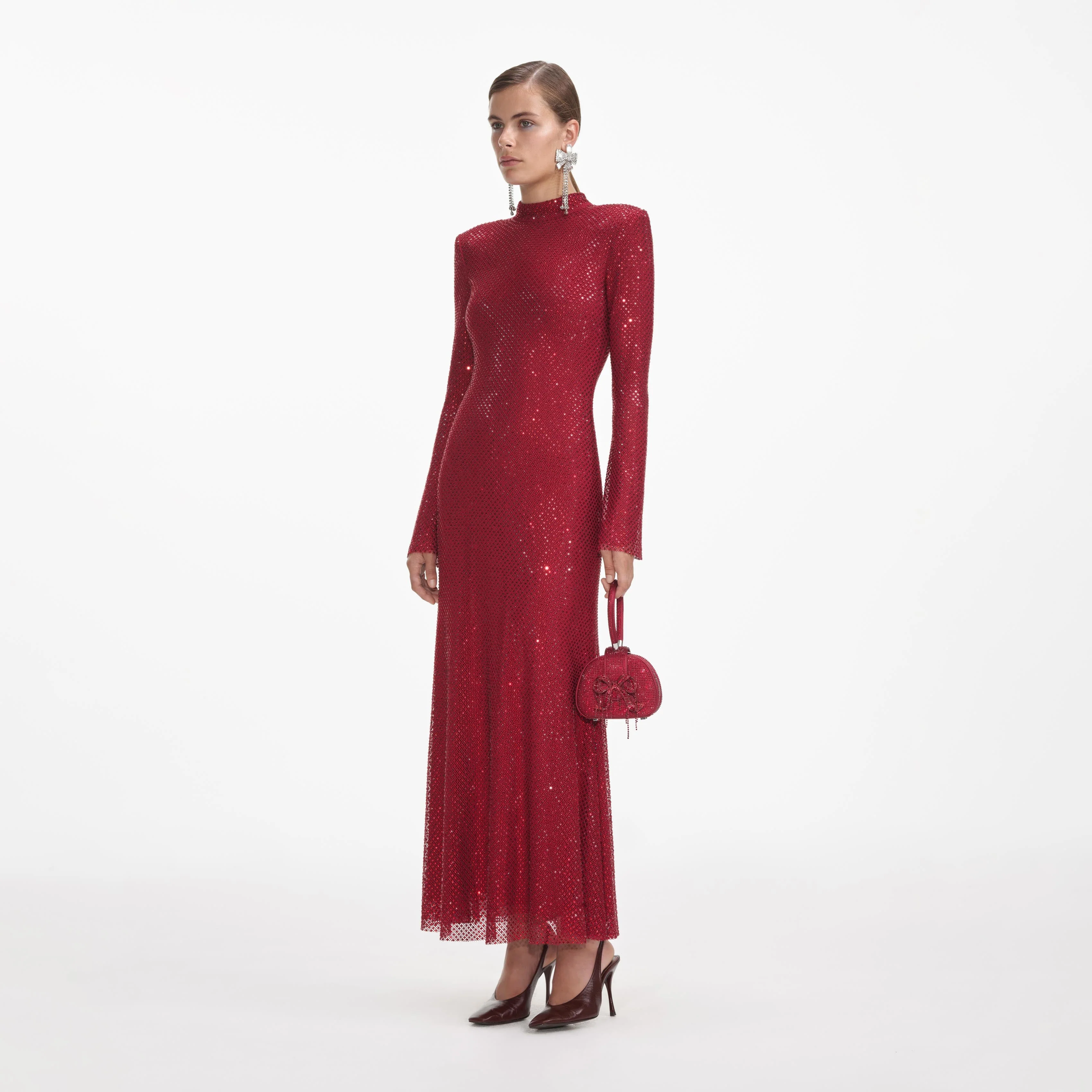 Red Rhinestone Fishnet Midi Dress - Image 2