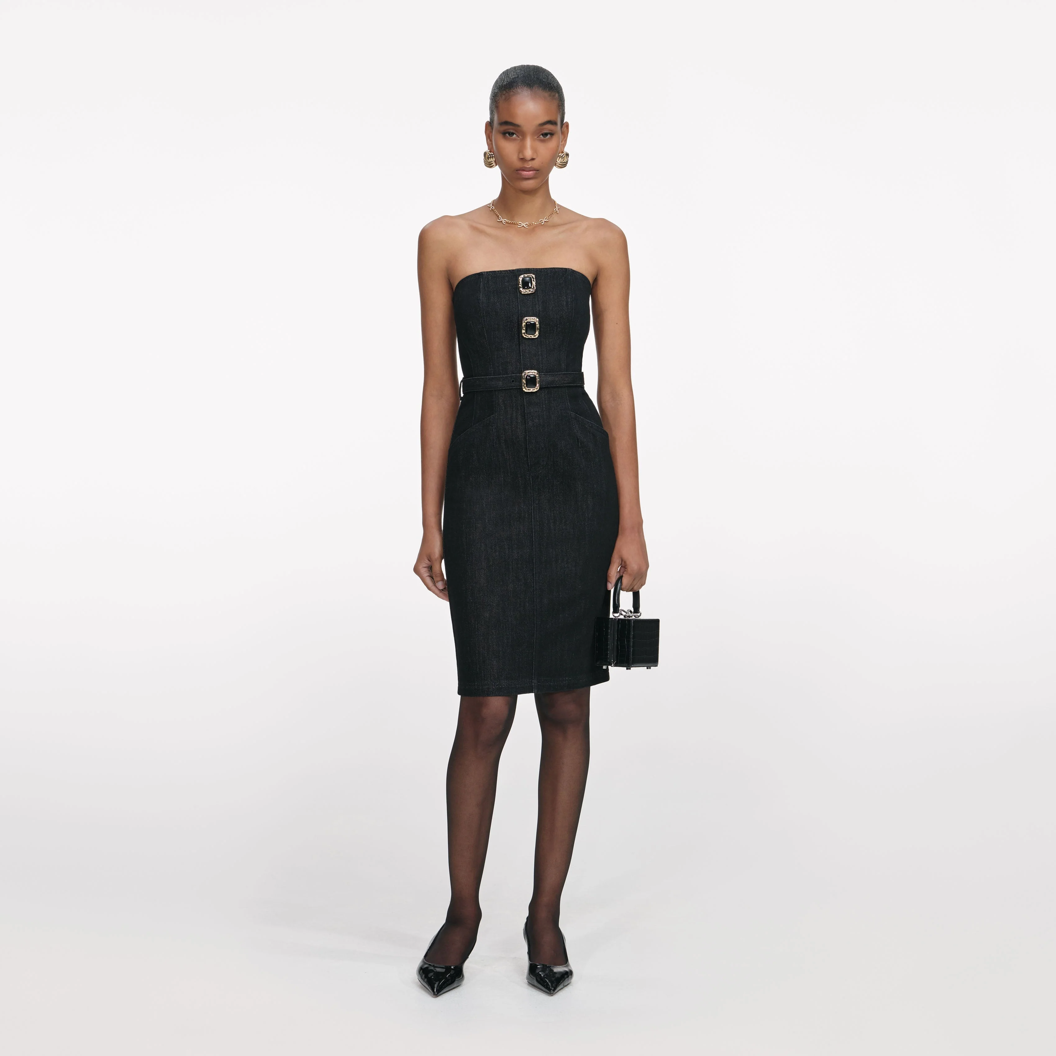 Black Denim Bandeau Midi Dress