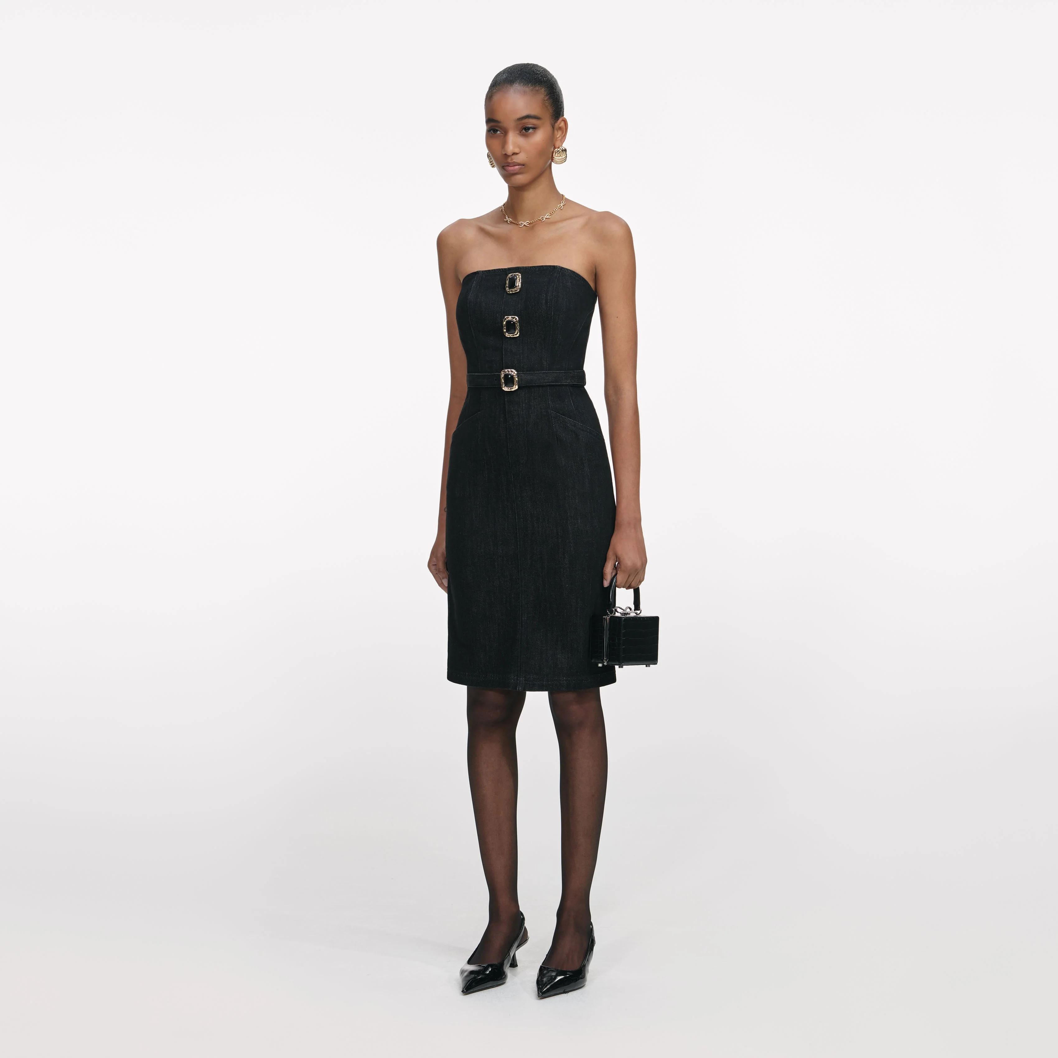 Black Denim Bandeau Midi Dress - Image 2