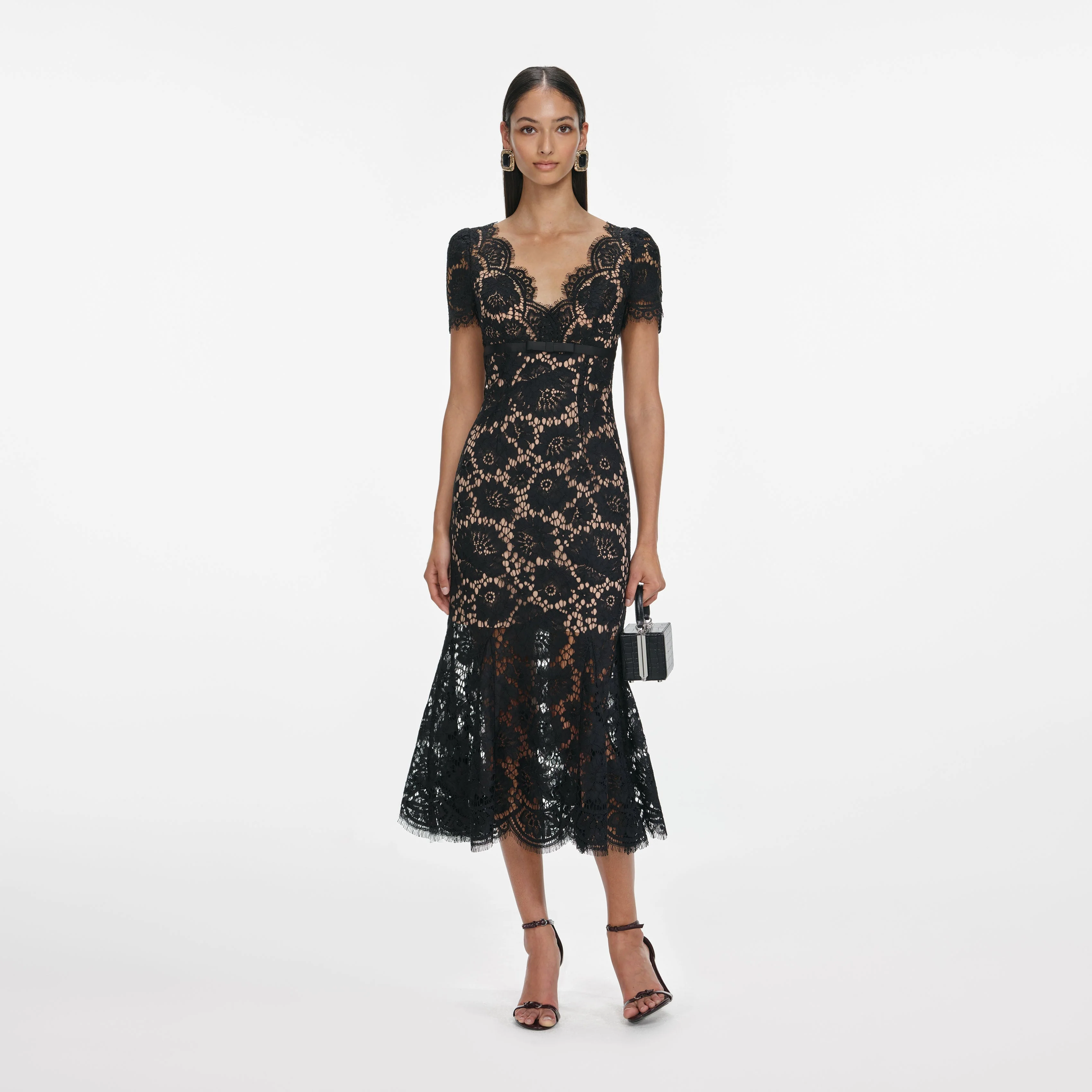Black Floral Lace Midi Dress