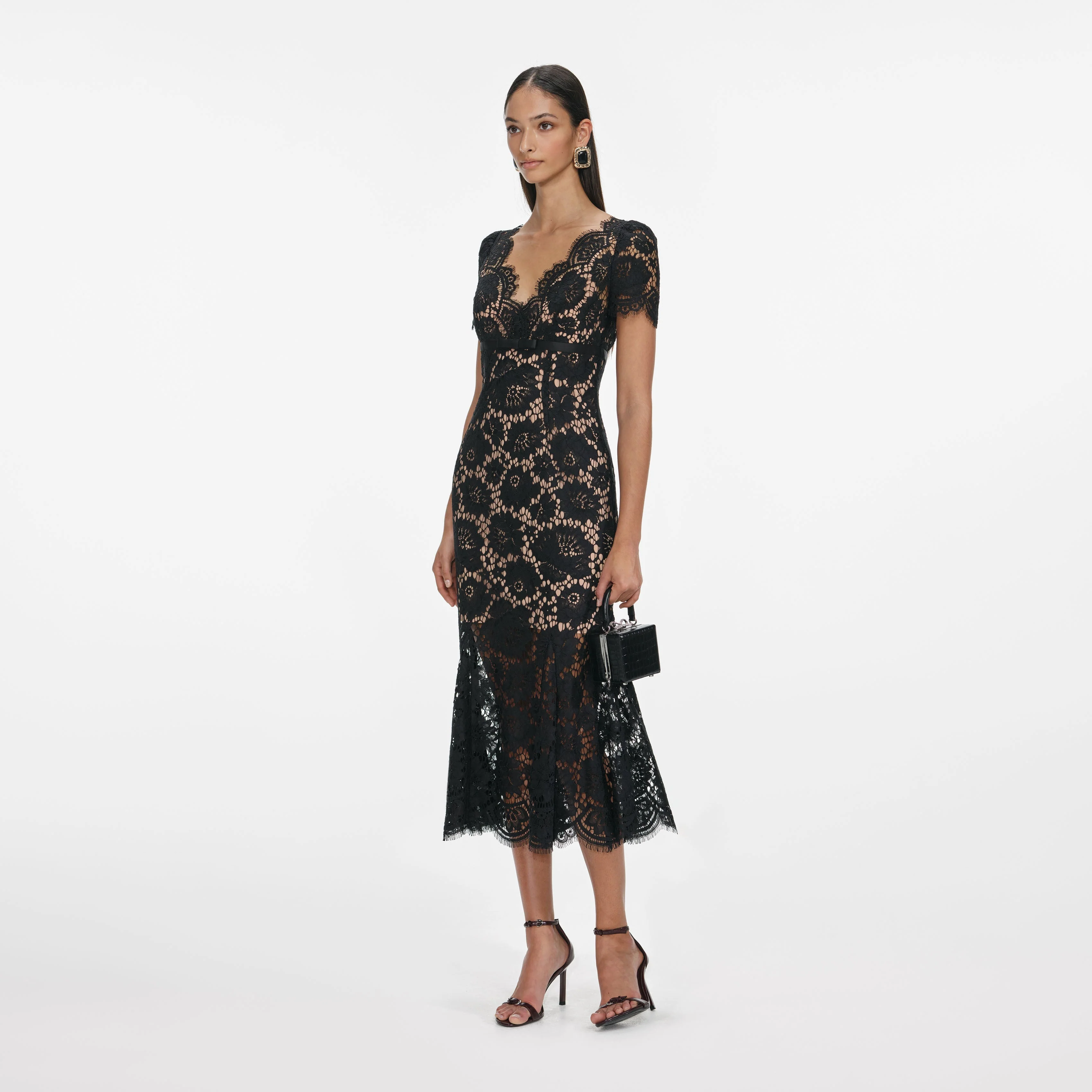 Black Floral Lace Midi Dress - Image 2