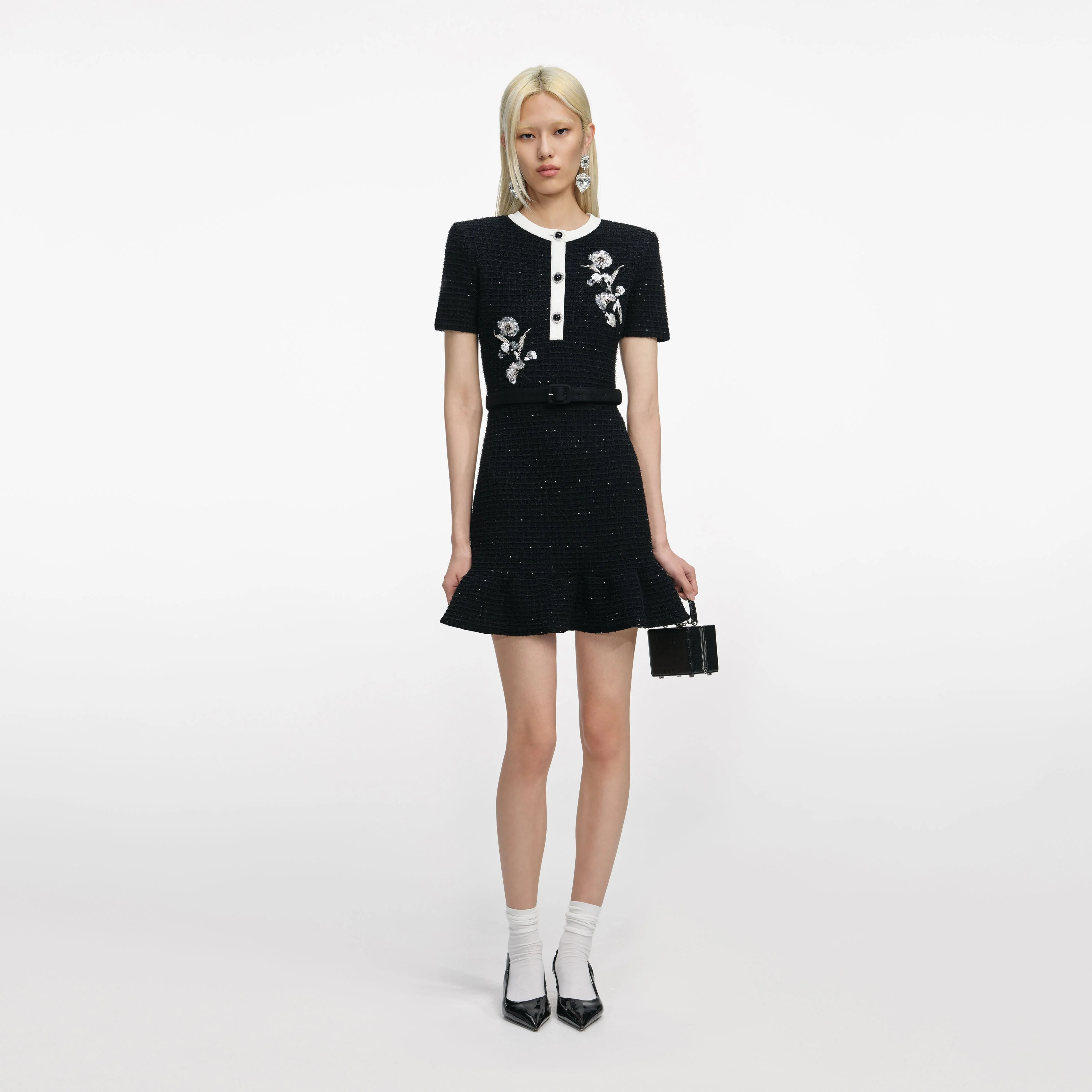 Black Floral Textured Knit Mini Dress