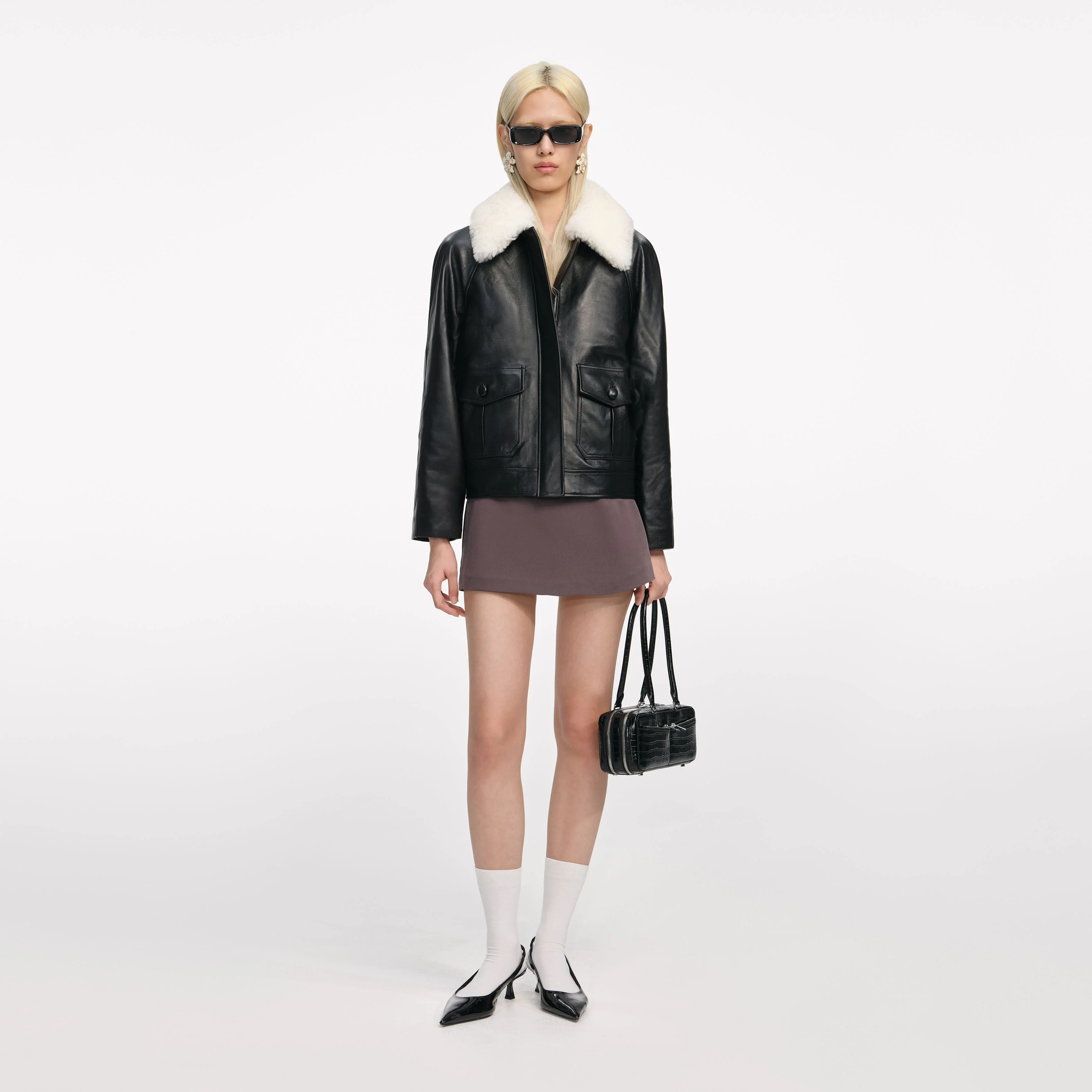 Black Leather Fur Collar Jacket