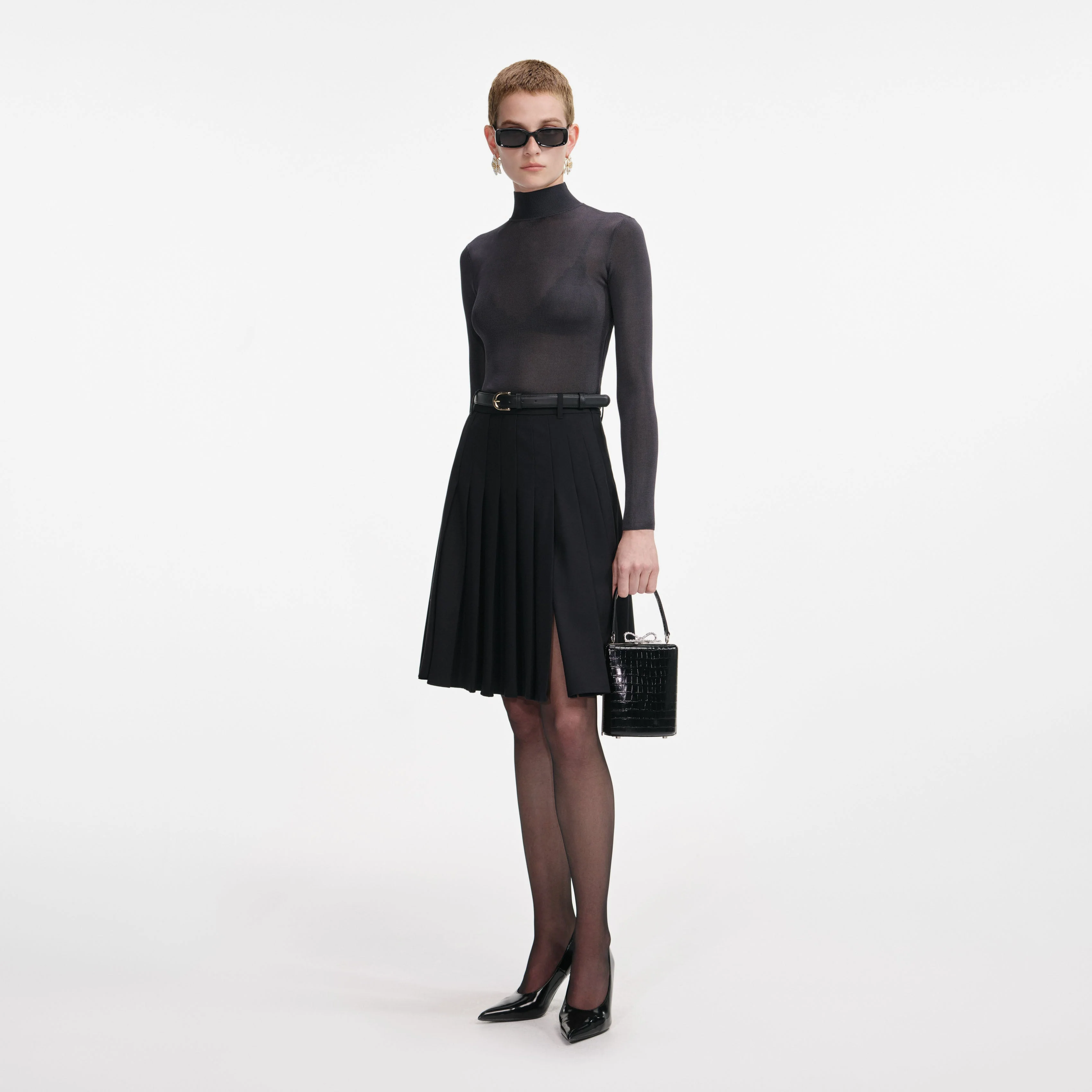 Black Pleated Twill Midi Skirt - Image 2