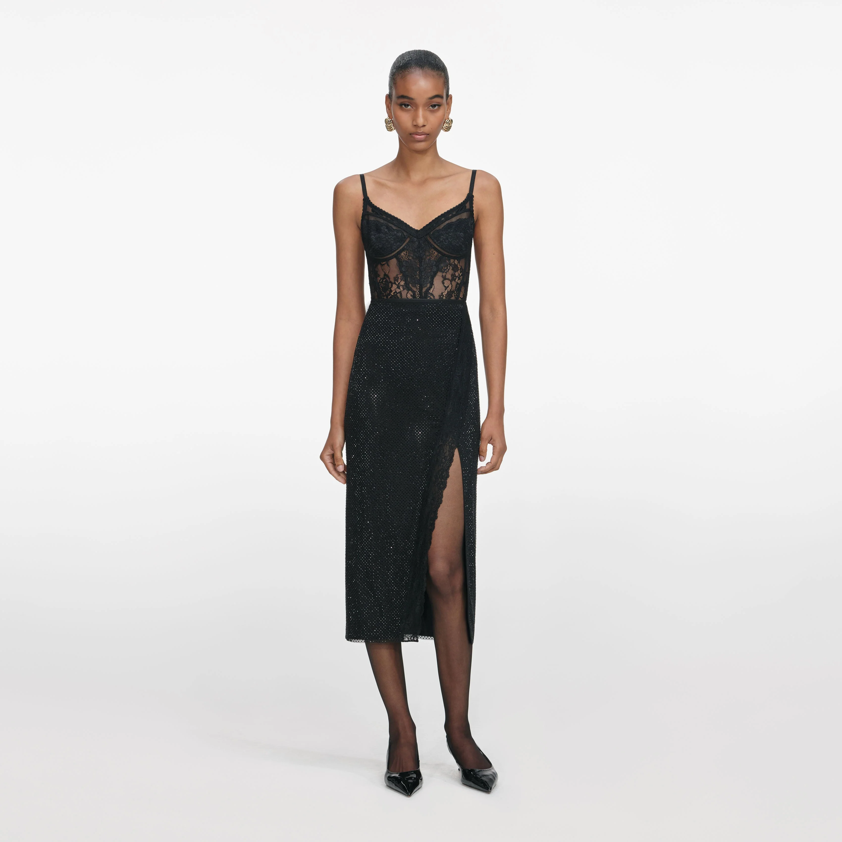 Black Rhinestone Midi Skirt