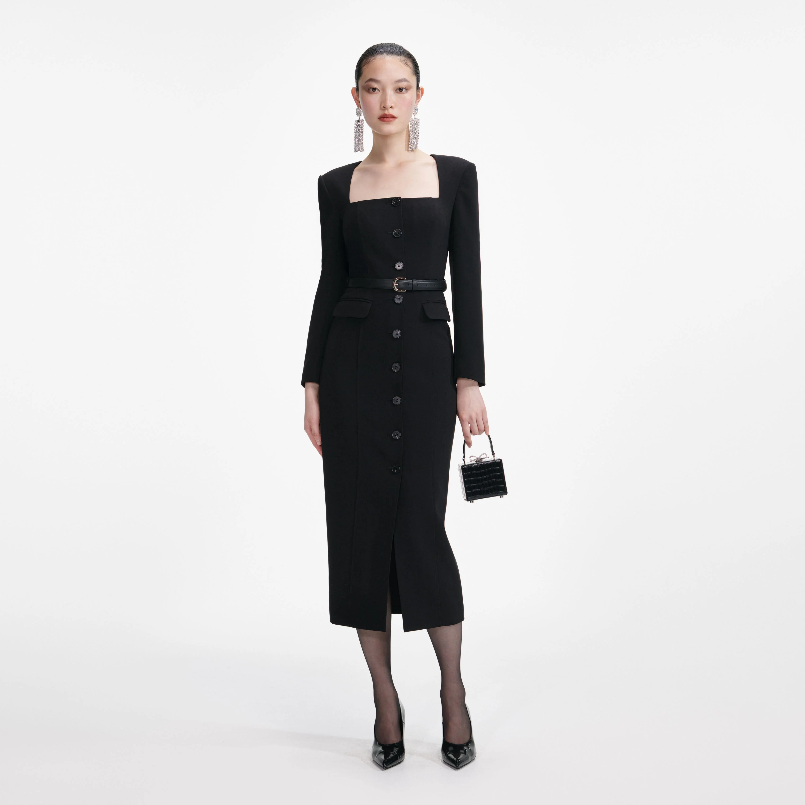 Black Tailored Crepe Midi Dress