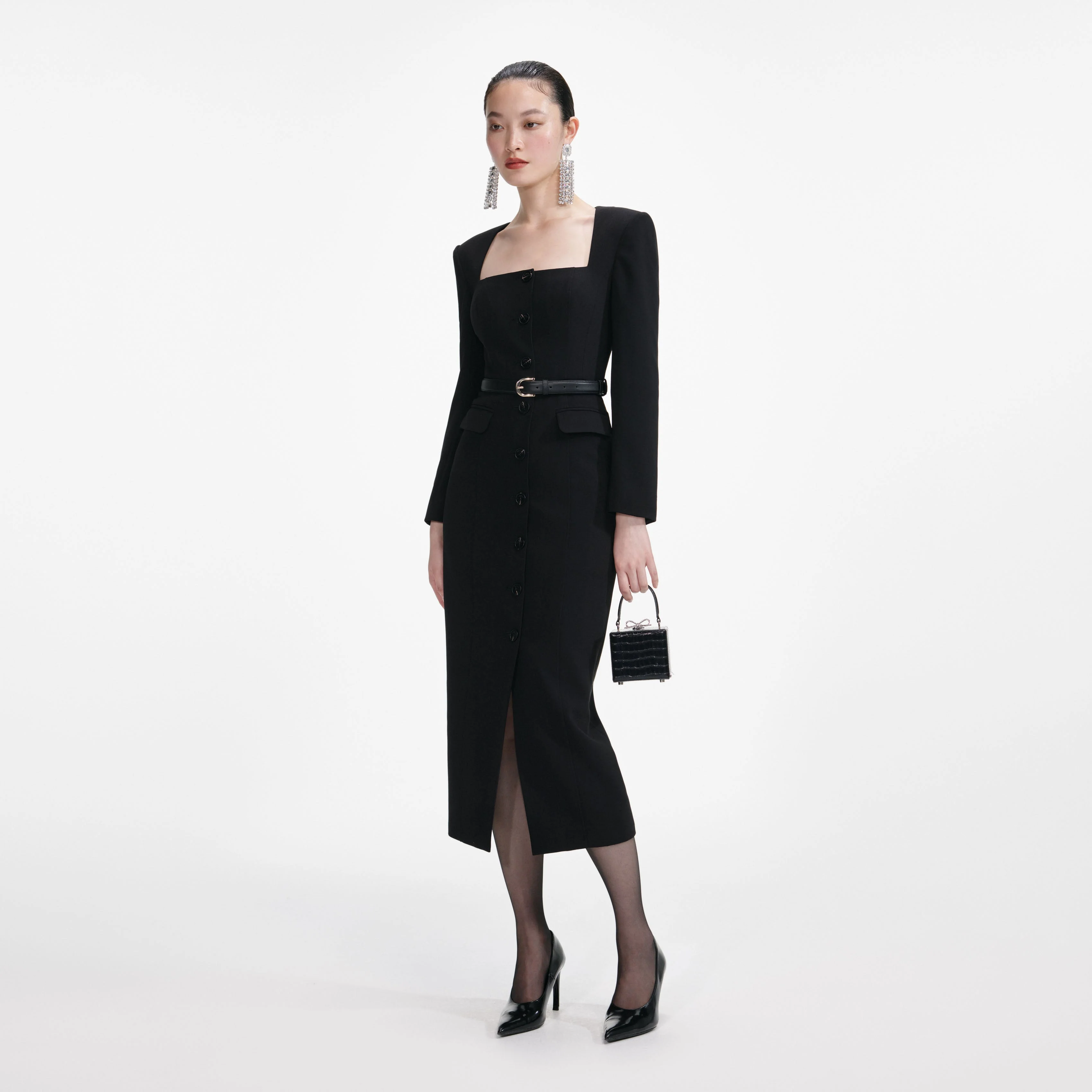 Black Tailored Crepe Midi Dress - Image 2