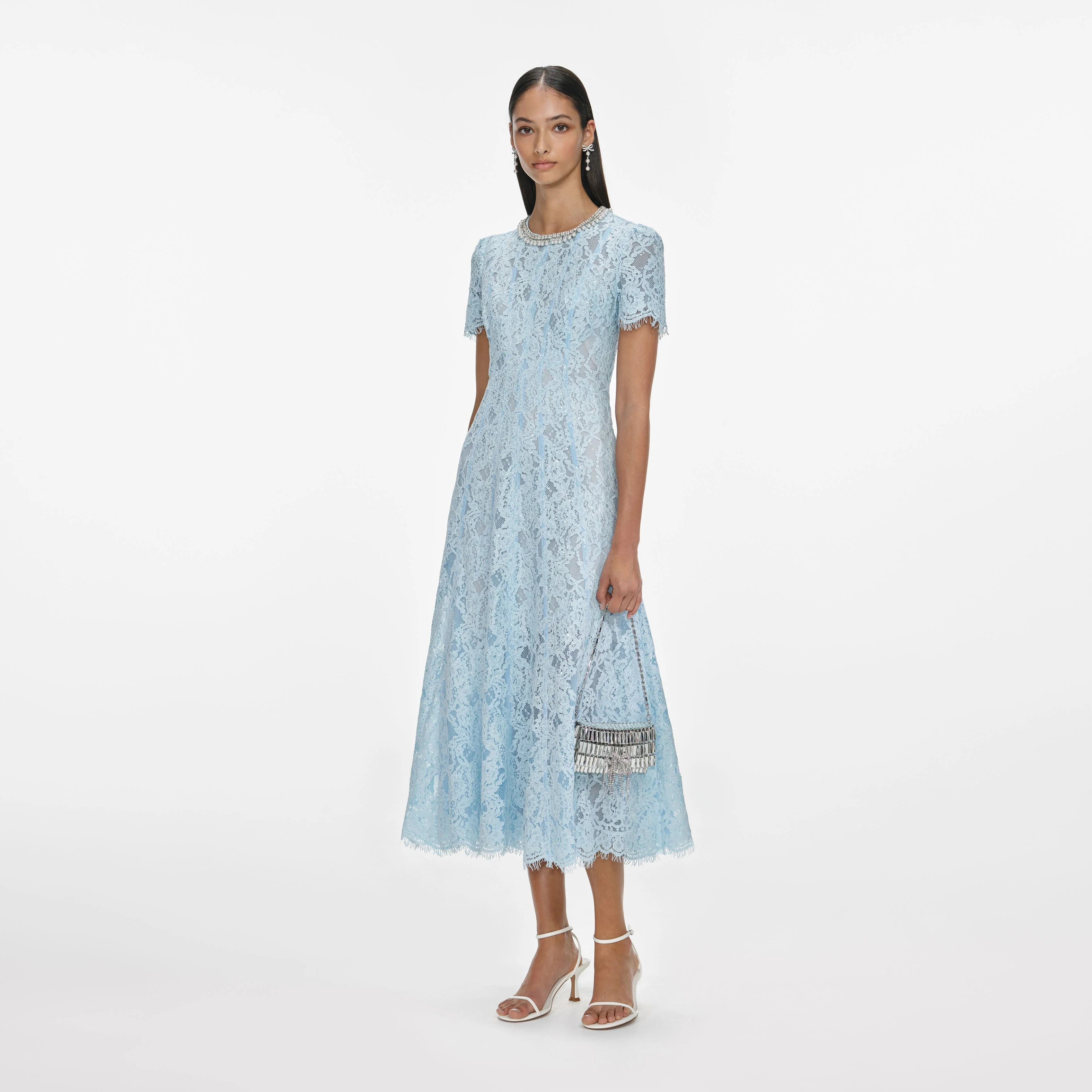 Blue Lace Embellished Midi Dress - Image 2