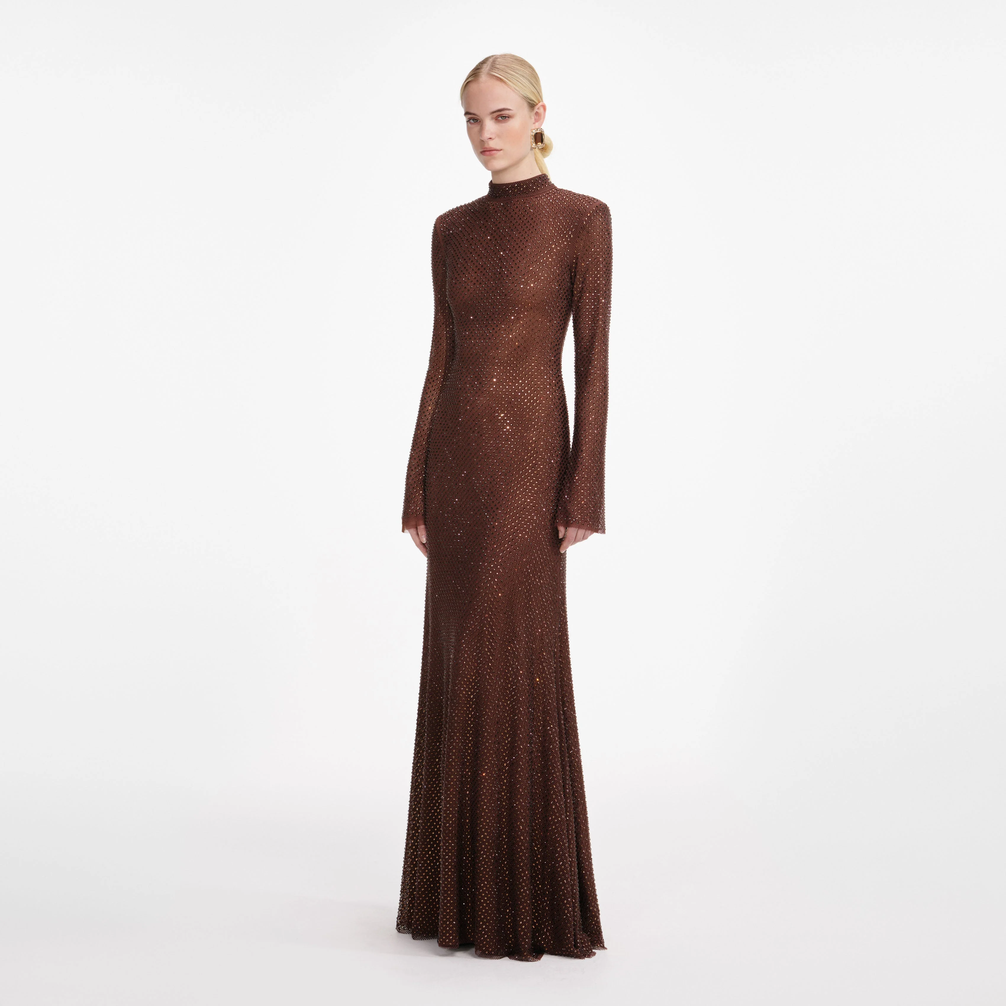 Brown Rhinestone Mesh Maxi Dress - Image 2