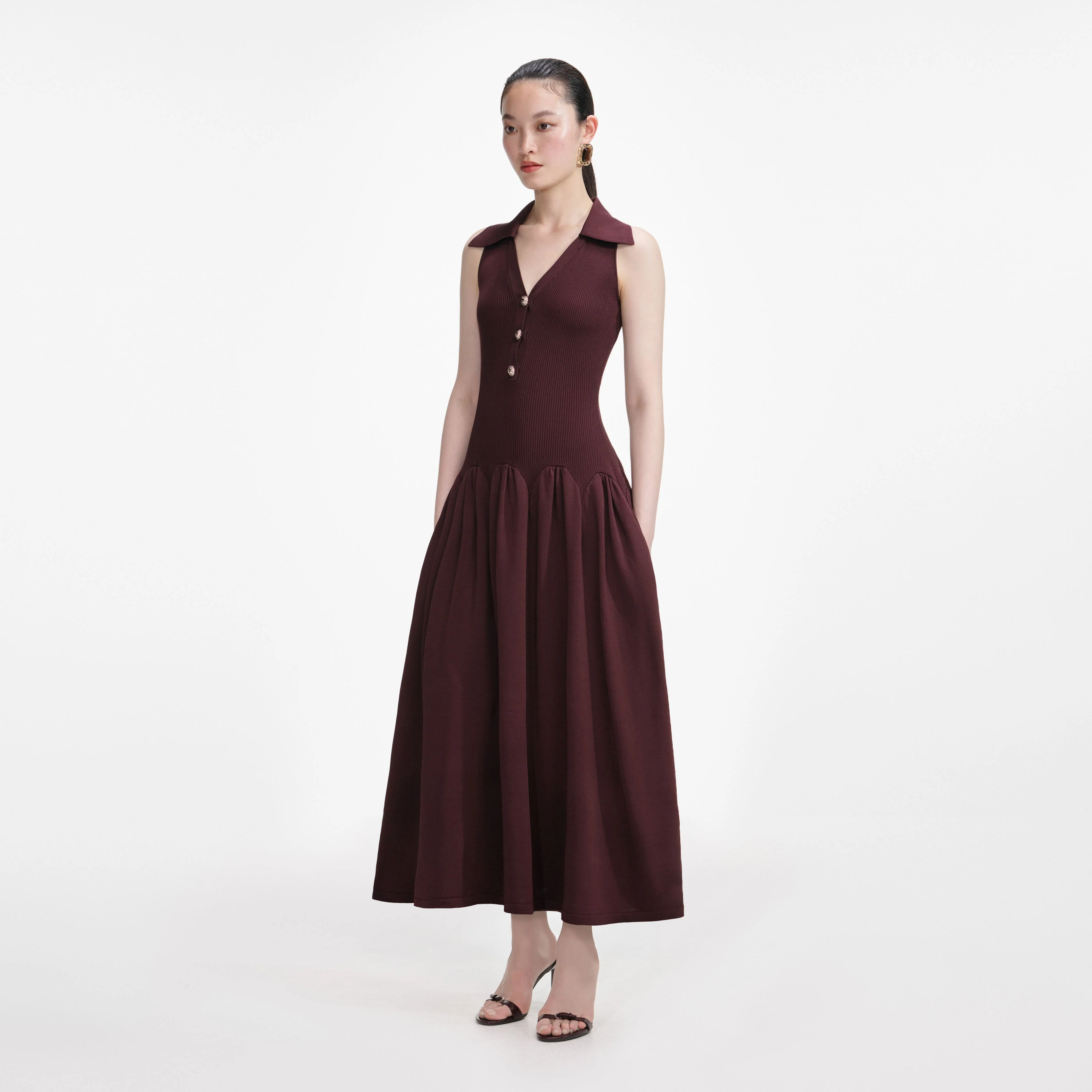 Brown Ribbed Collared Knit Midi Dress - Image 2