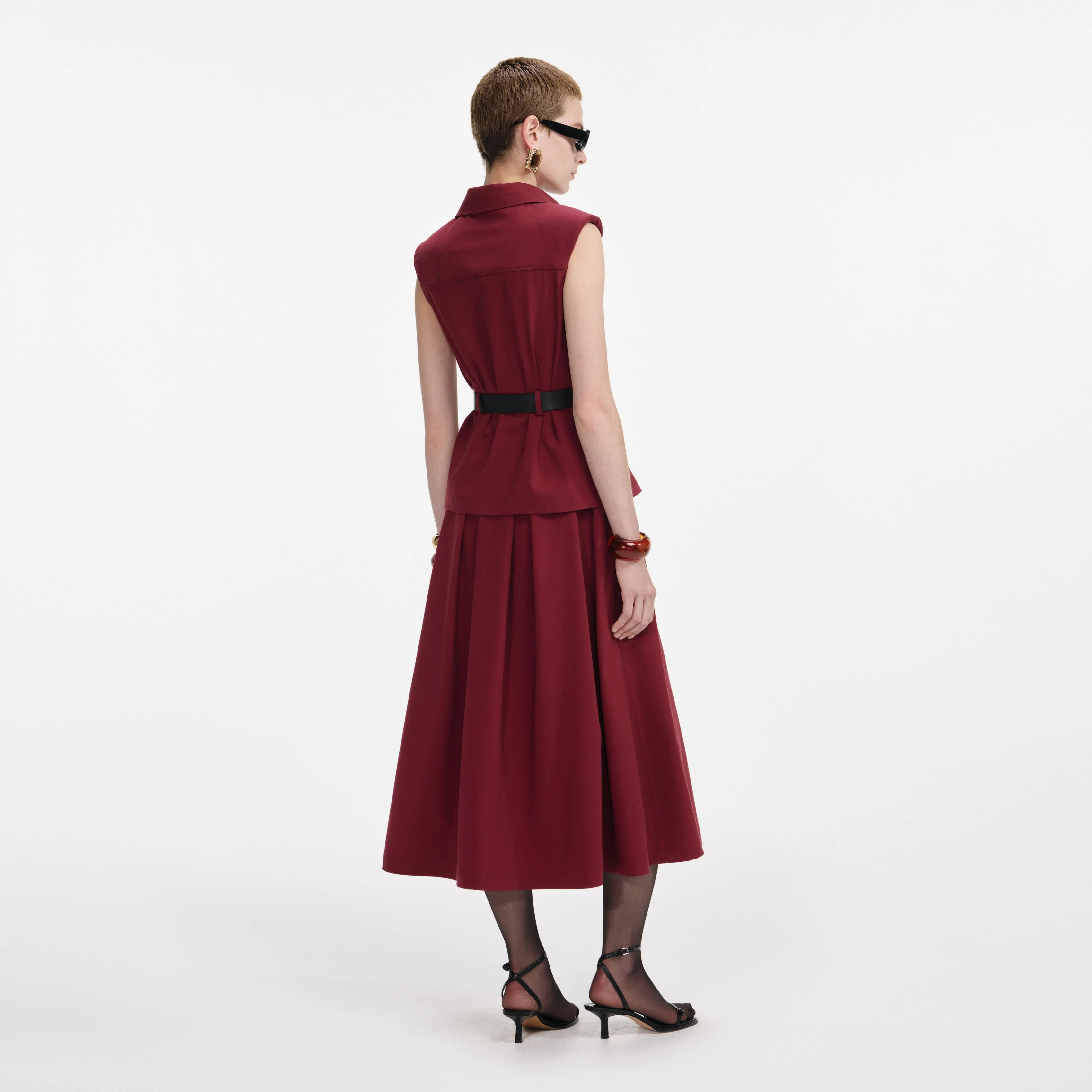 Burgundy Twill Belted Midi Dress - Image 3