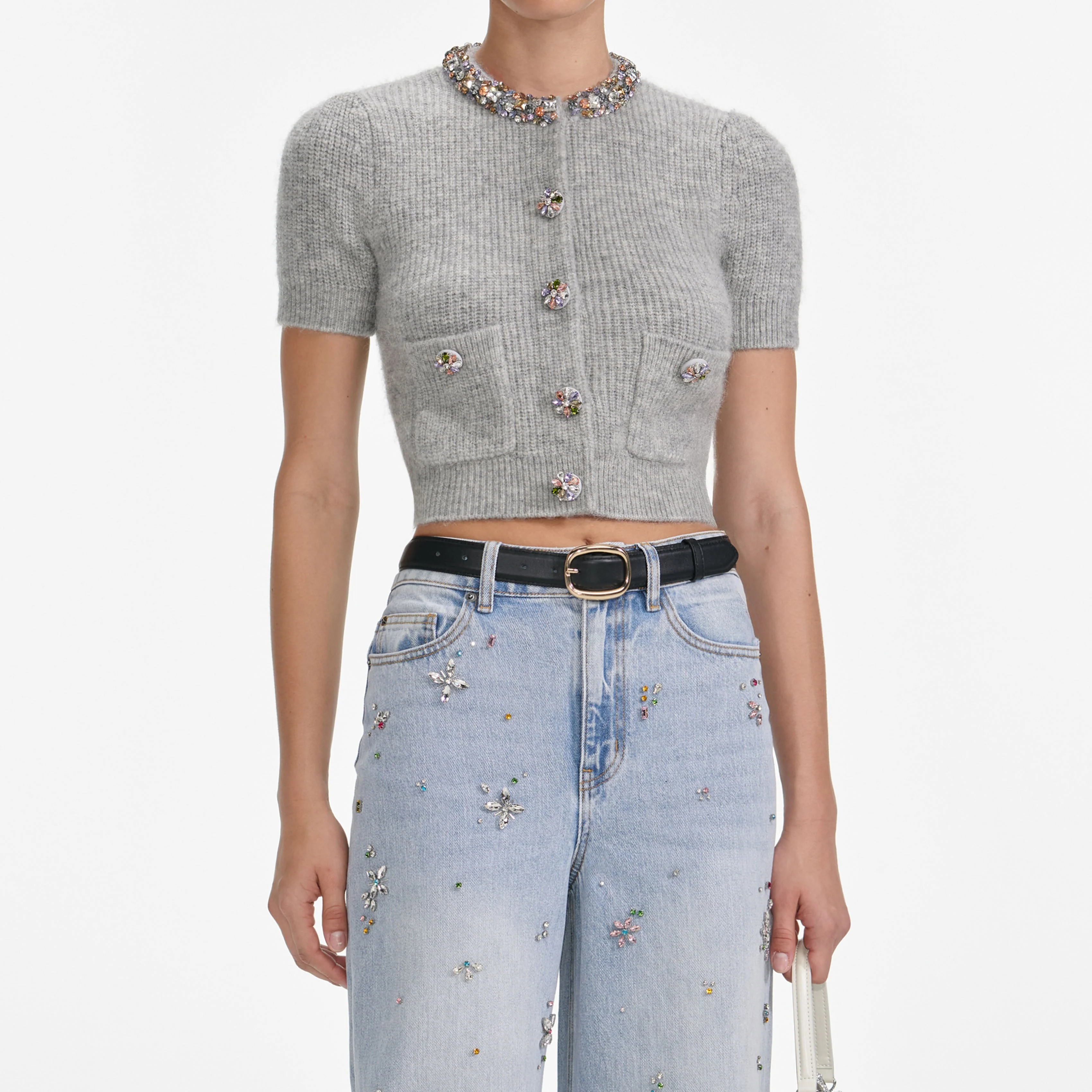 Grey Embellished Trim Knit Top - Image 4