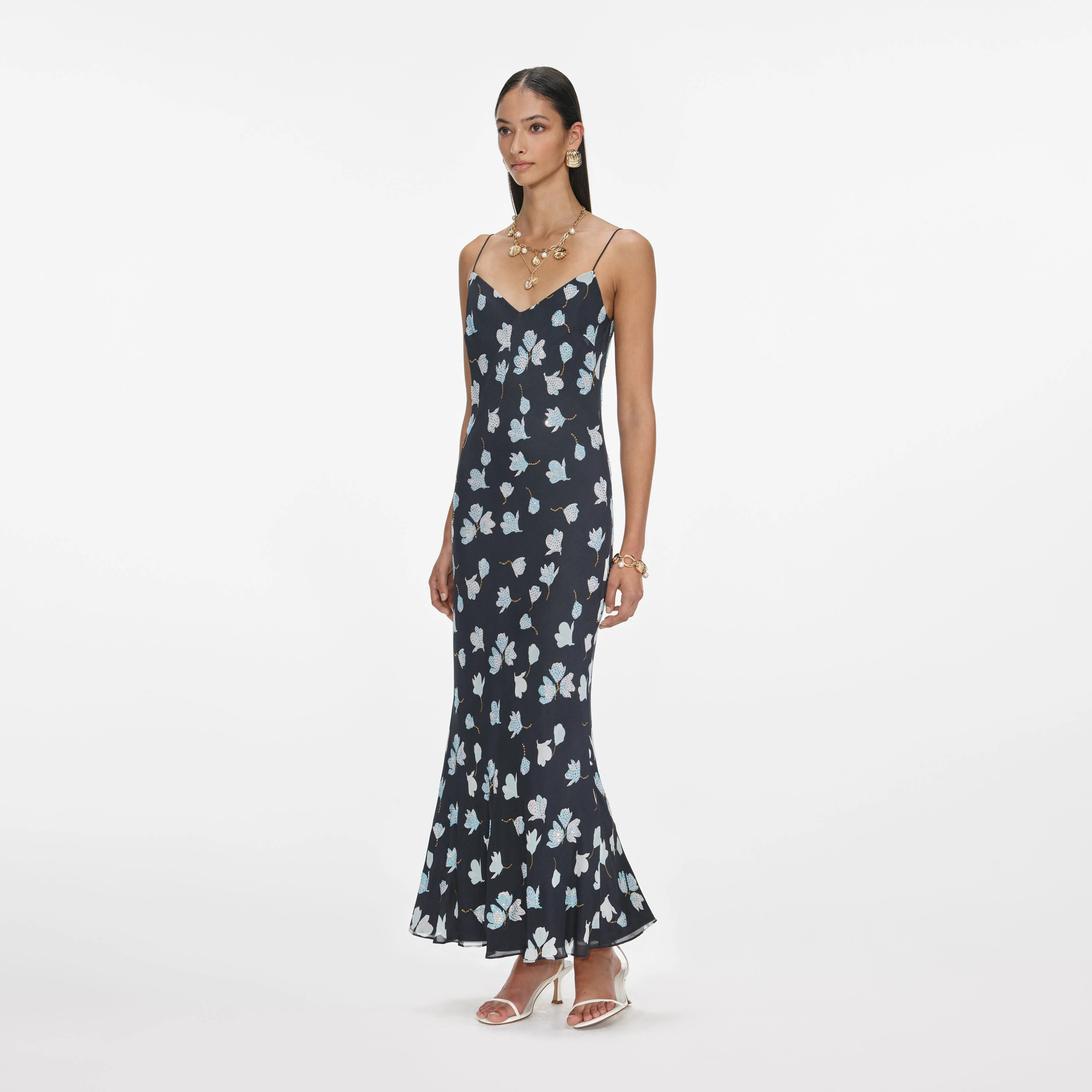 Navy Floral Rhinestone Midi Dress - Image 2