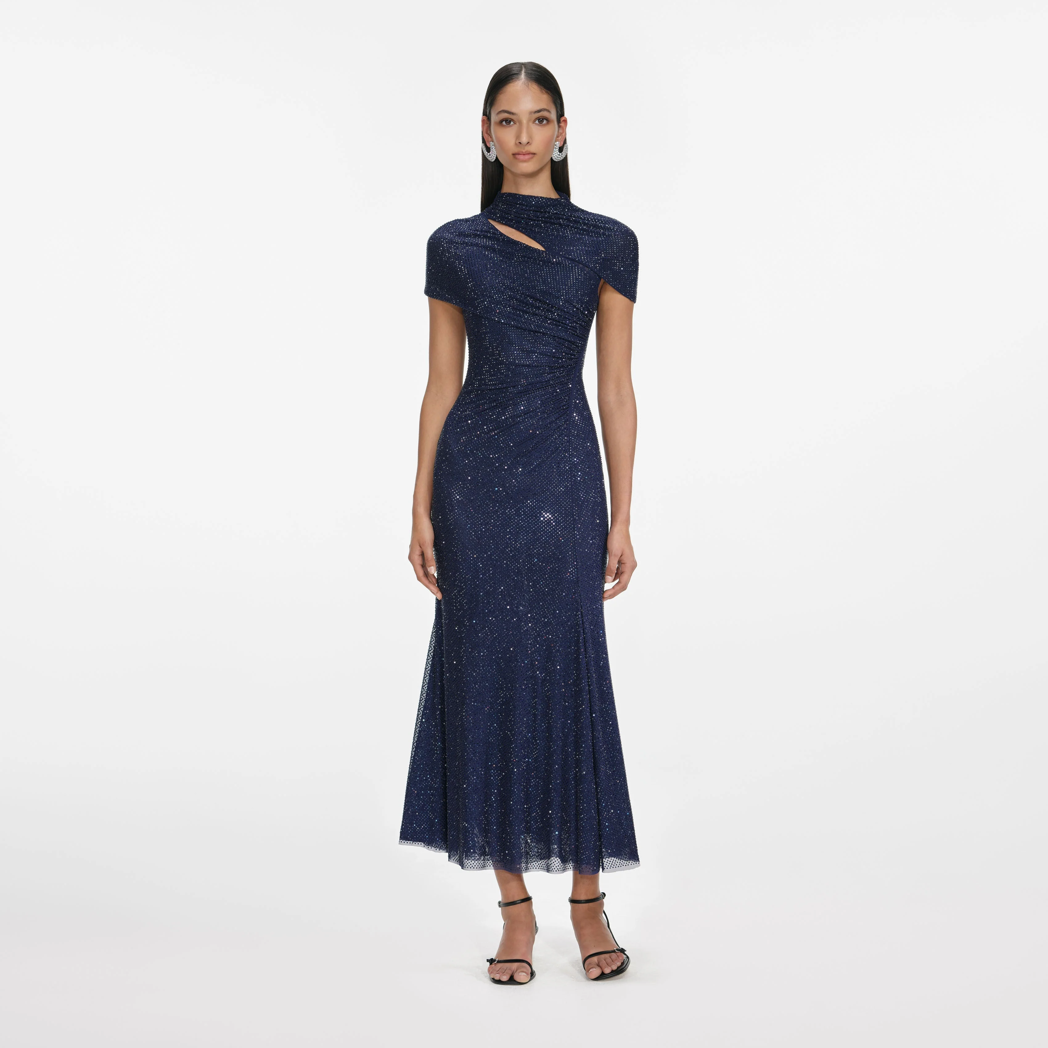 Navy Rhinestone Mesh Cut Out Midi Dress