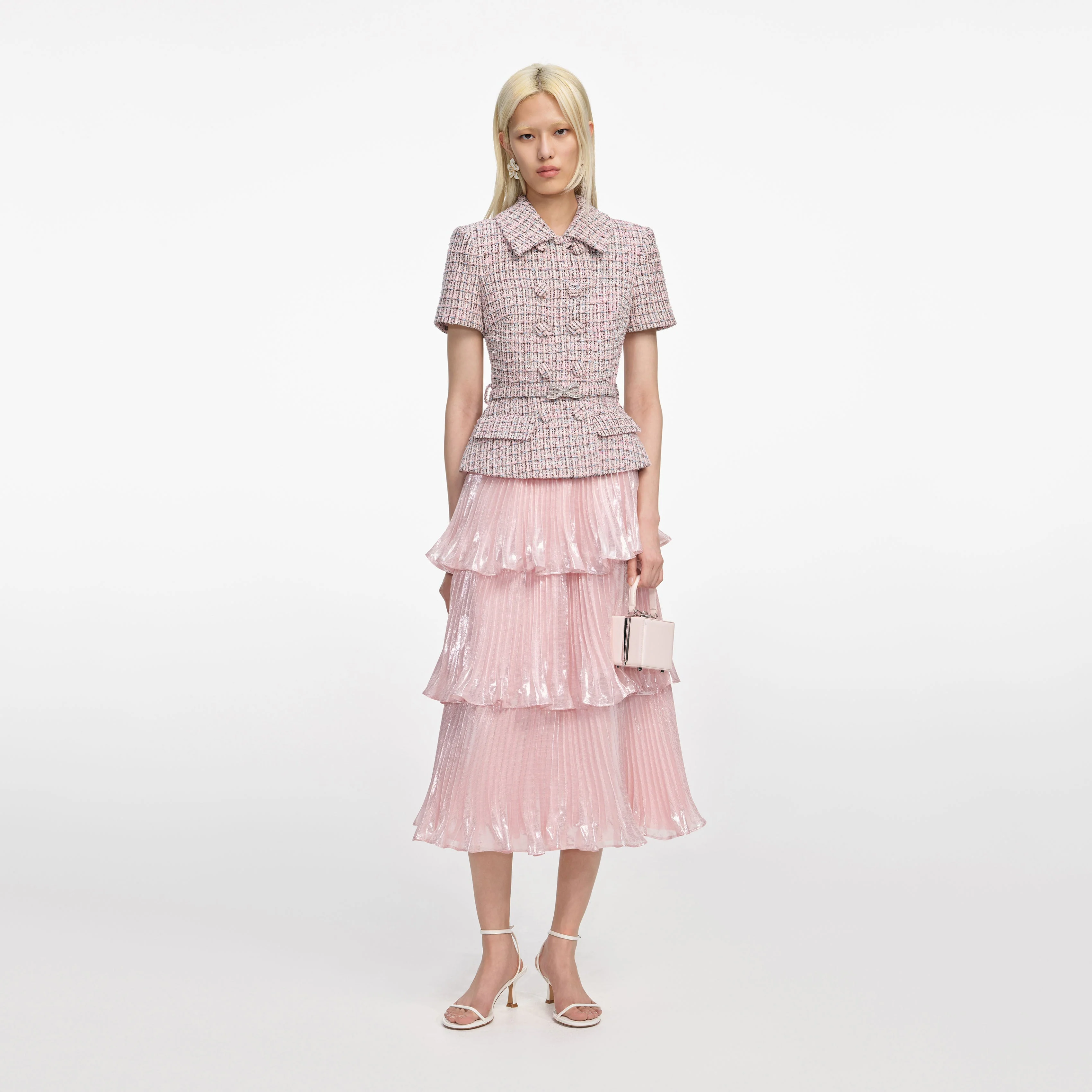 Pink Boucle Metallic Tiered Midi Dress