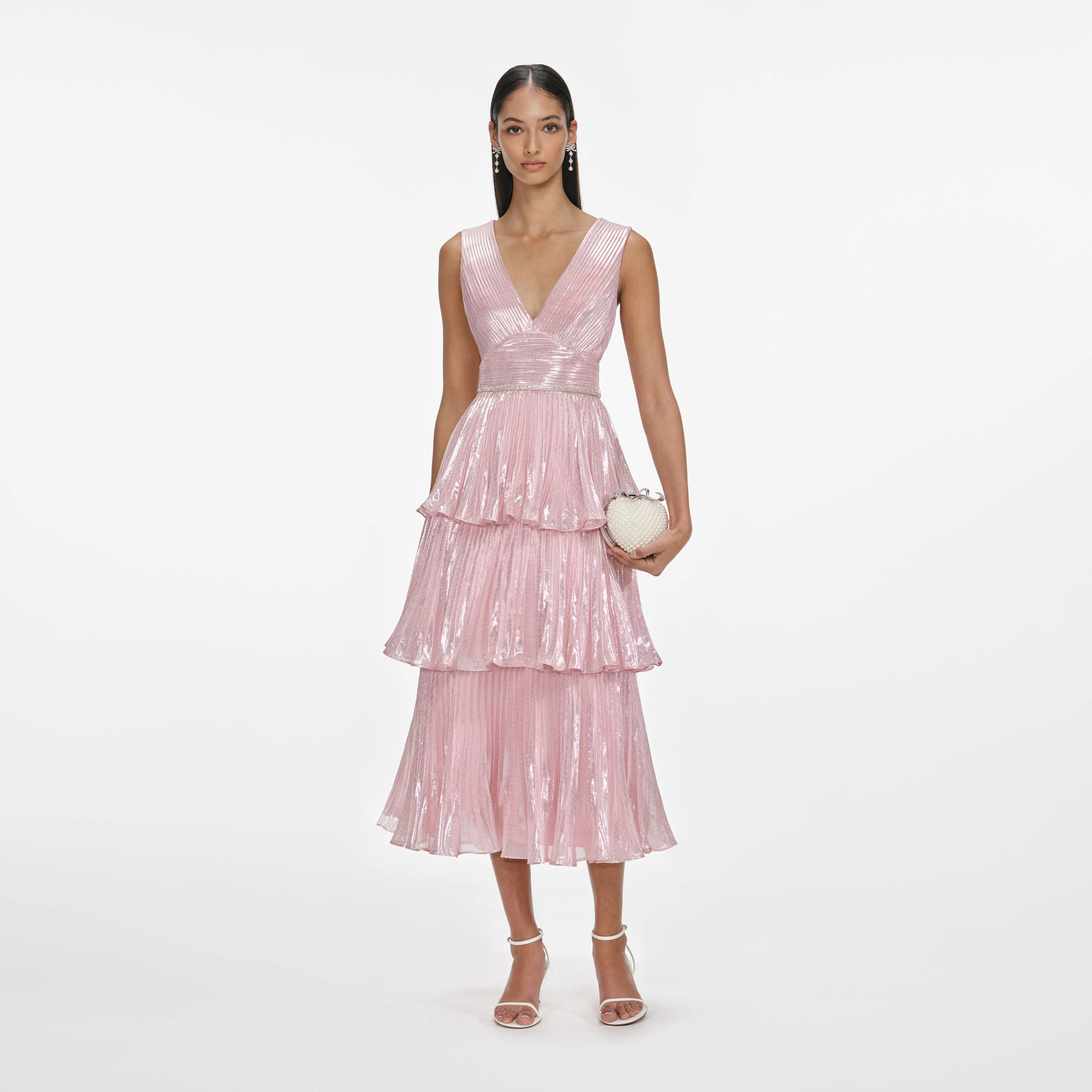 Pink Metallic Tiered Midi Dress