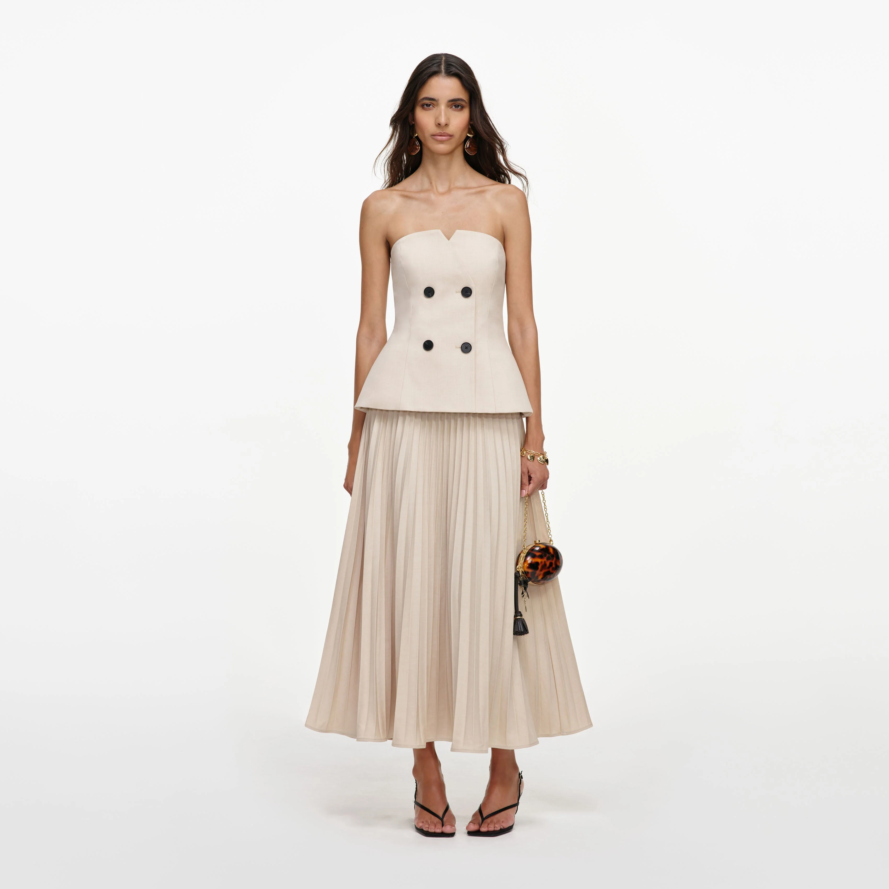 Beige Bandeau Pleated Midi Dress