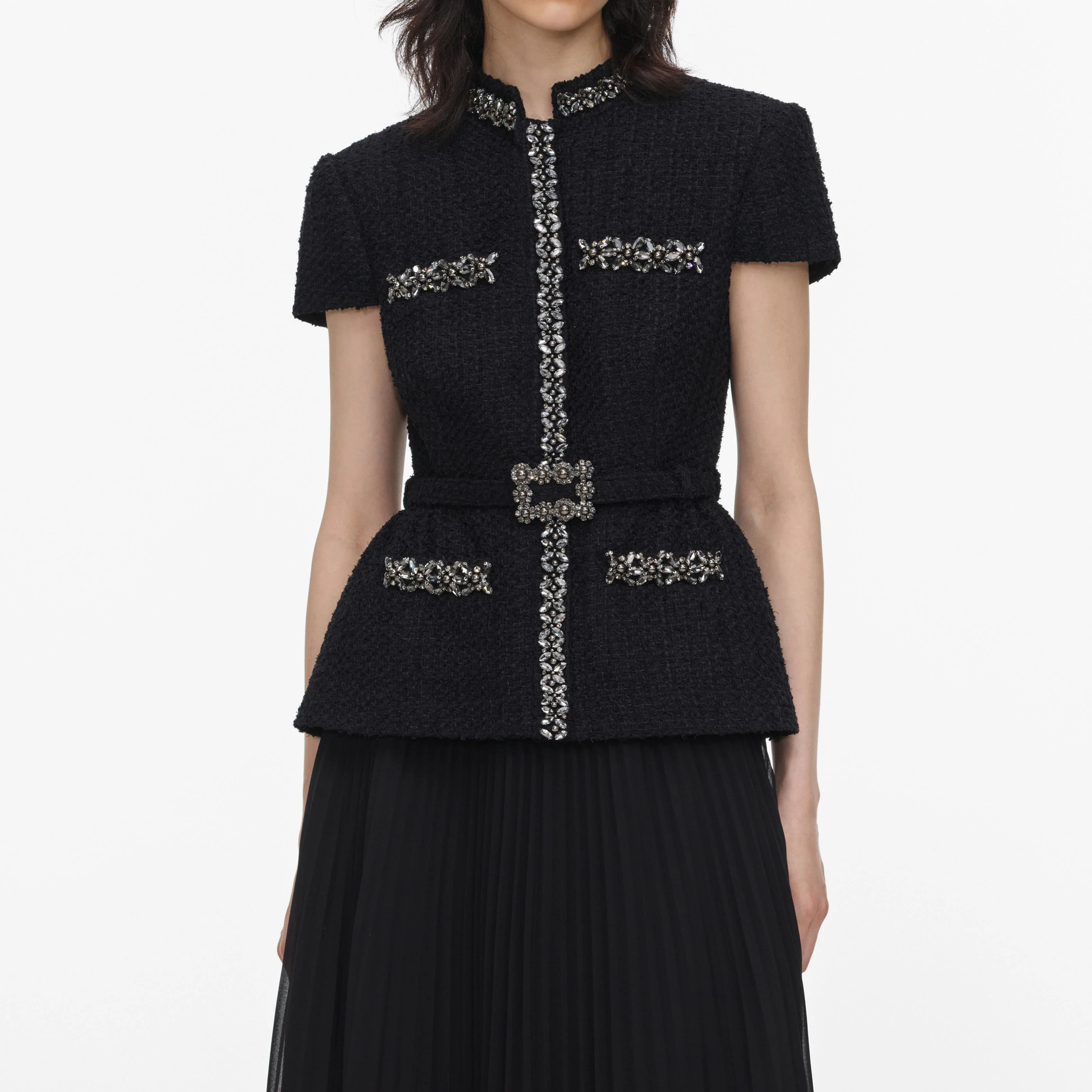 Black Boucle Crystal Trim Chiffon Midi Dress - Image 4