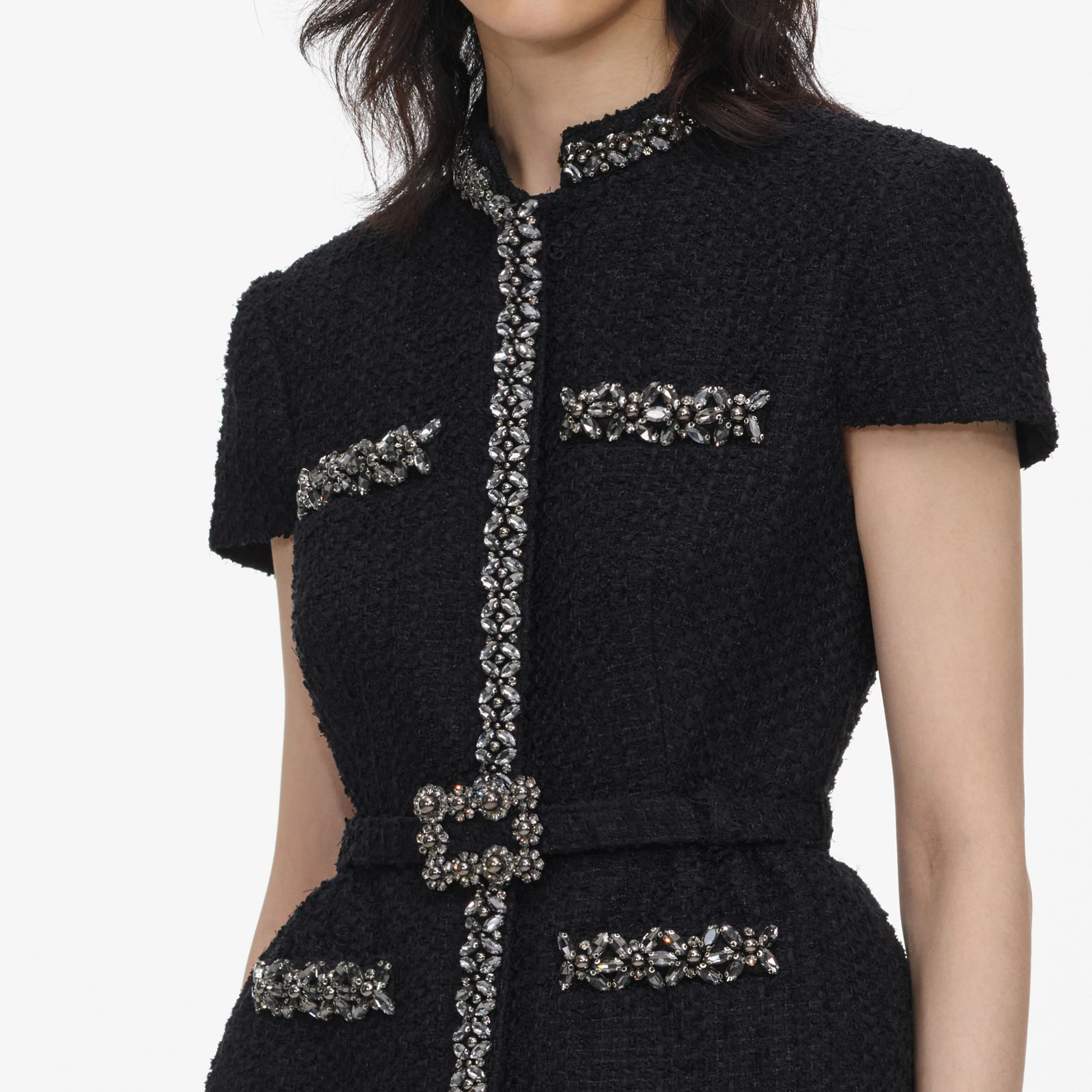 Black Boucle Crystal Trim Chiffon Midi Dress - Image 5