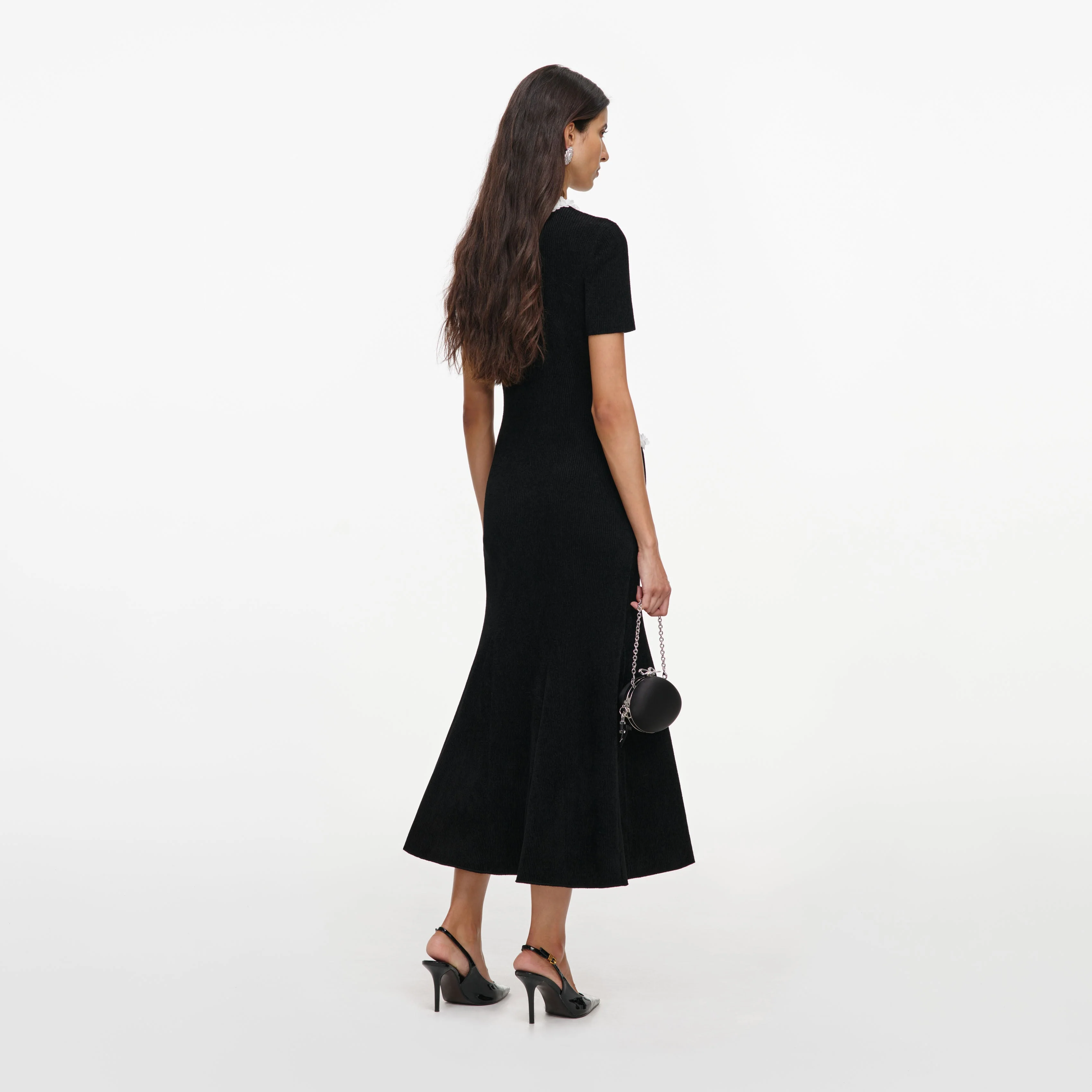 Black Chenille Knit Flower Trim Midi Dress - Image 3