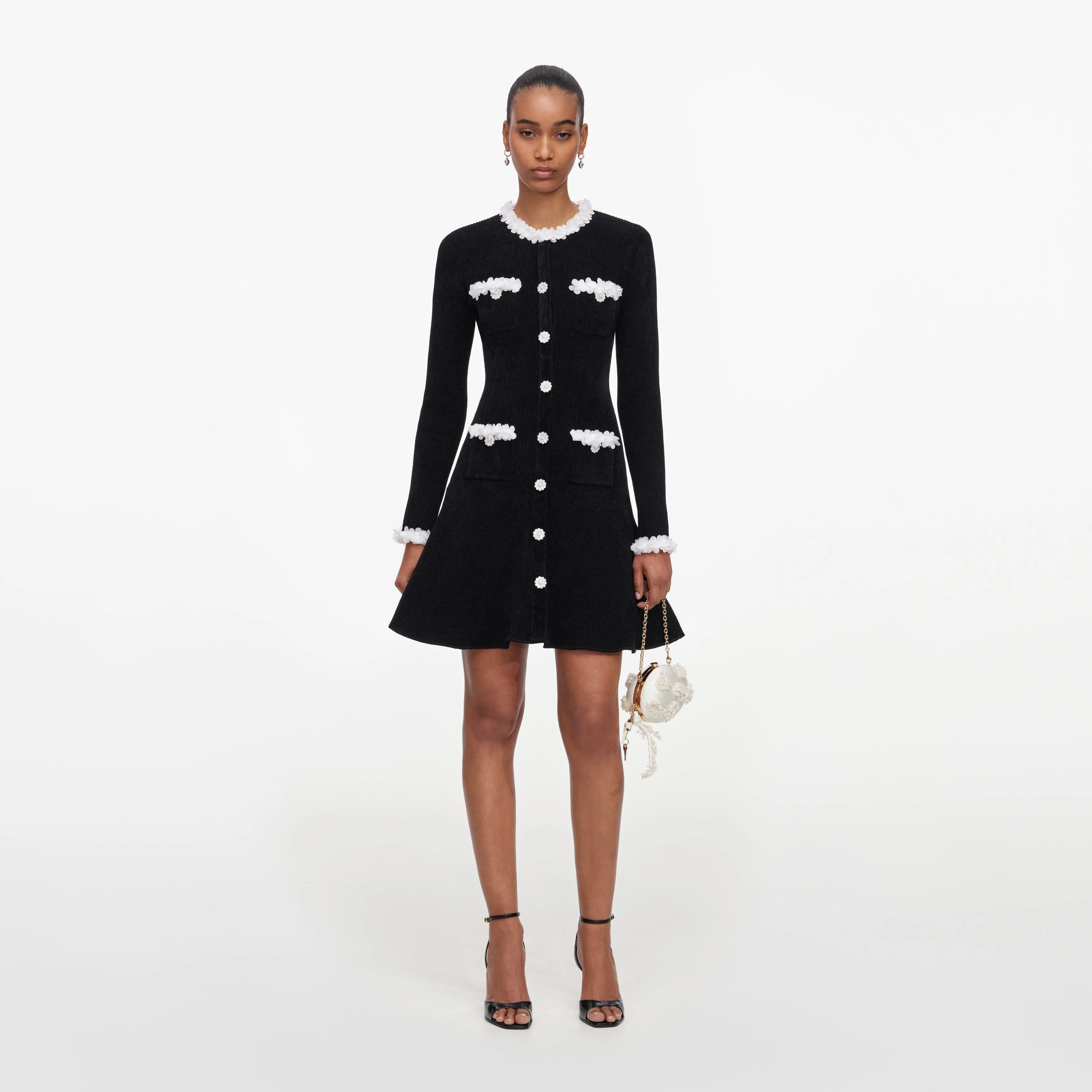 Black Chenille Knit Flower Trim Mini Dress