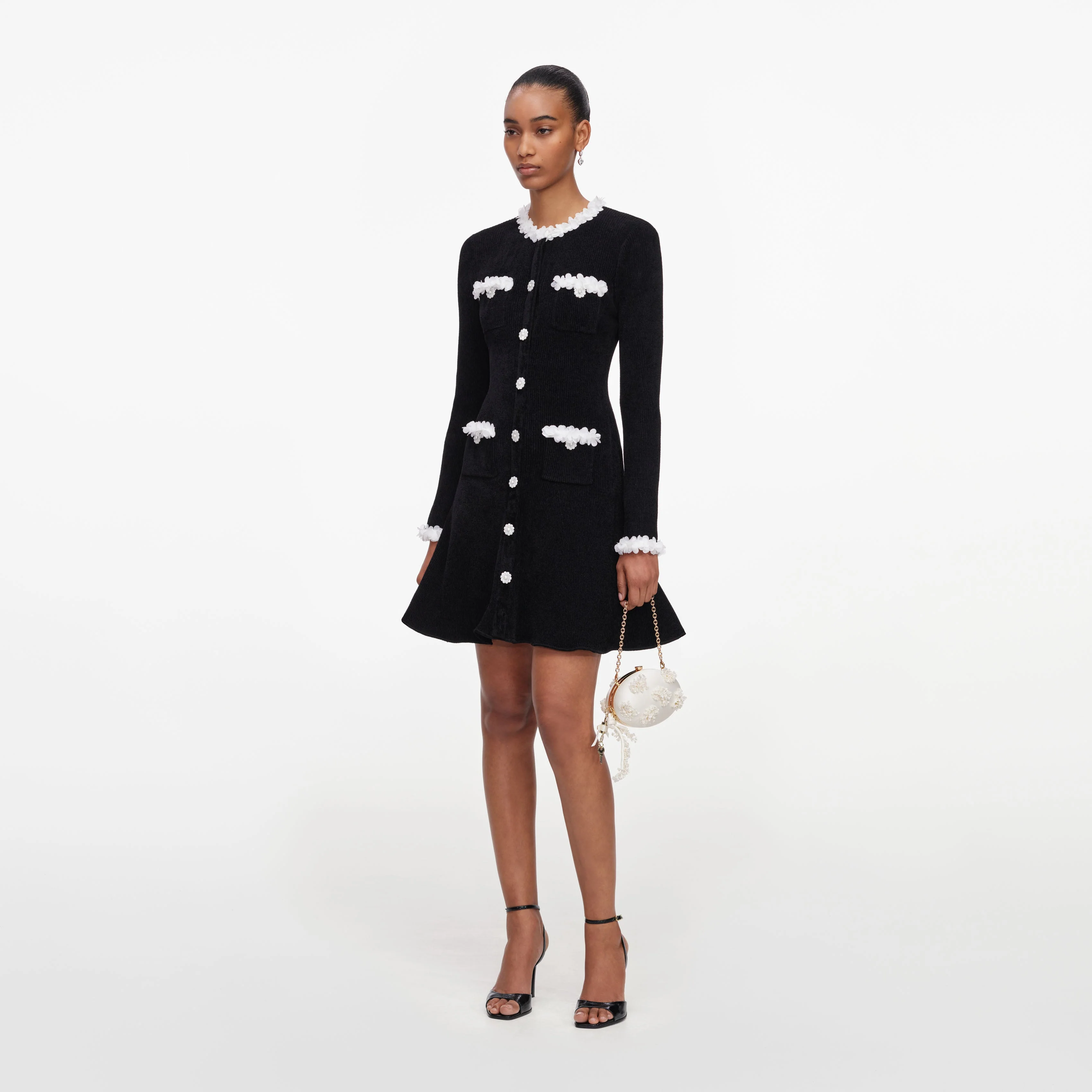 Black Chenille Knit Flower Trim Mini Dress - Image 2