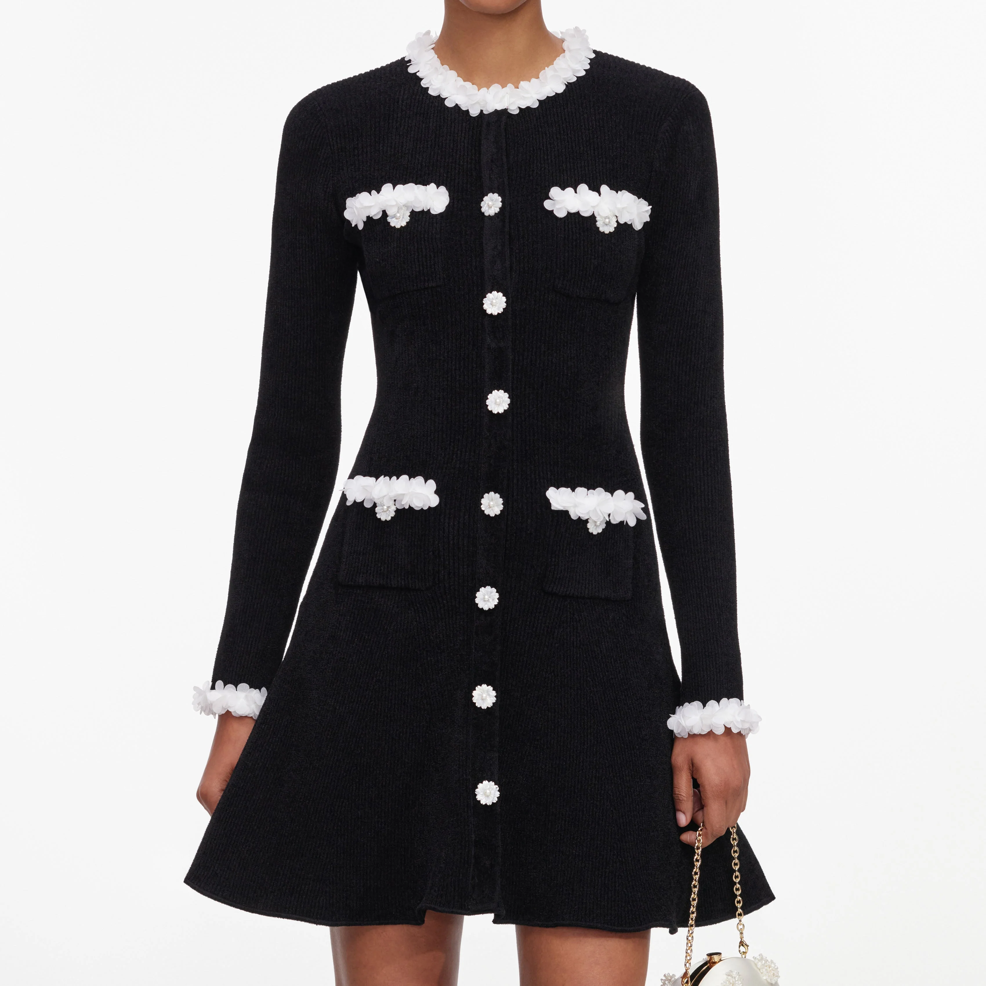 Black Chenille Knit Flower Trim Mini Dress - Image 4